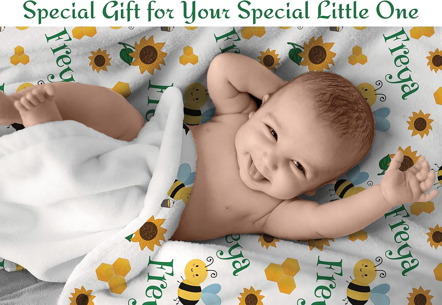 Personalized Baby Blankets for Girls & Boys with Name and Bees - Custom Blankets for Baby Shower, Birthday, Christmas, New Mom - Personalized Baby Gifts for Newborn, Infant, Toddler, Kid