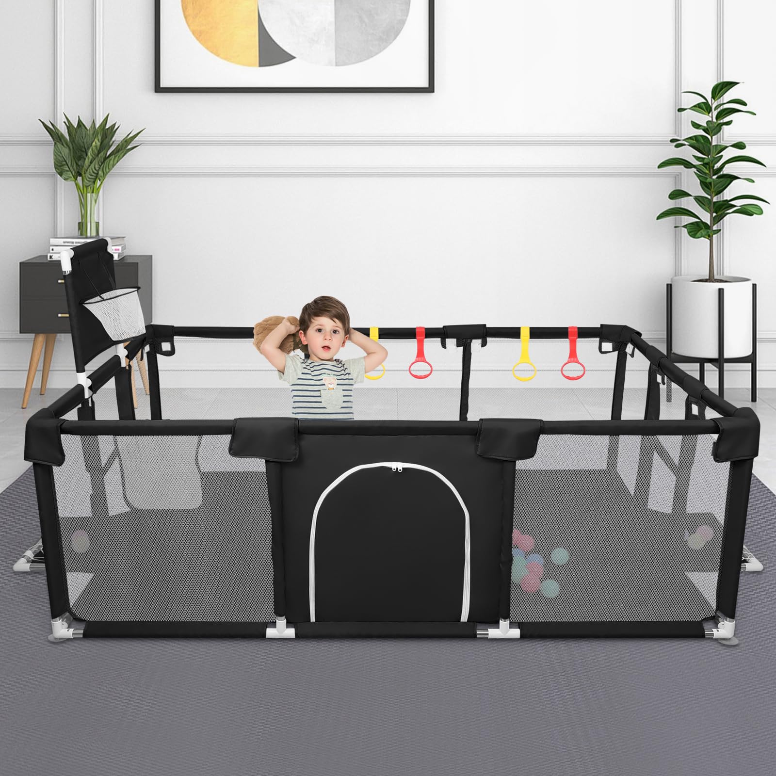 Parque Infantil Bebé, Alfombra de Juegos, Plegable, Malla Transpirable, Corralito Bebé, Con Malla Transpirable Baby Playpen,180 * 120 * 66 cm - Negro