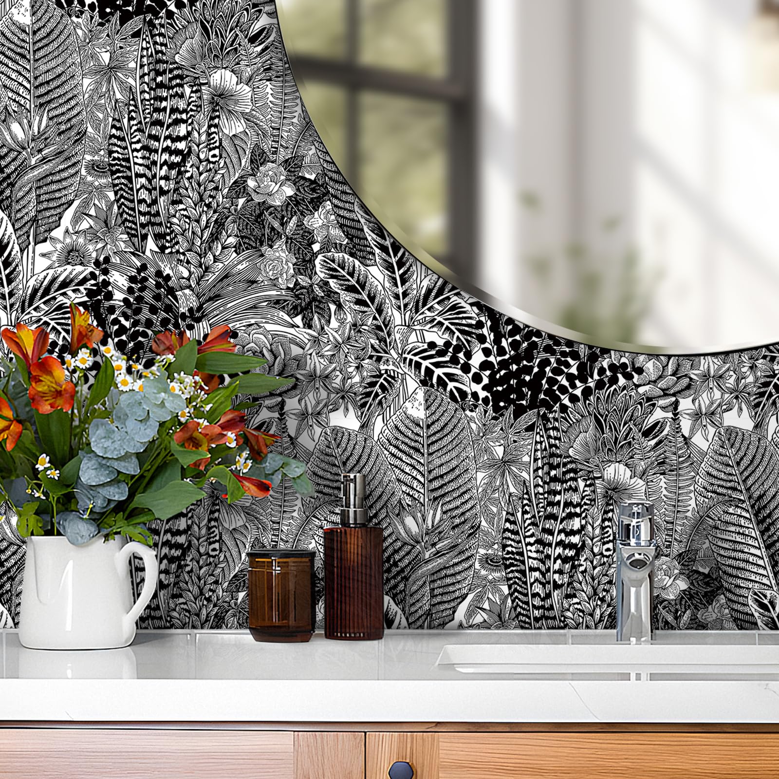 FunStick 44.5CMX9M Papel Pintado Pared Selva Blanco y Negro Papel Adhesivo para Muebles Flores Hojas Tropical Vinilo Adhesivo Dormitorio Revestimiento Pared Blanco y Negro Vinilos para Muebles Armario