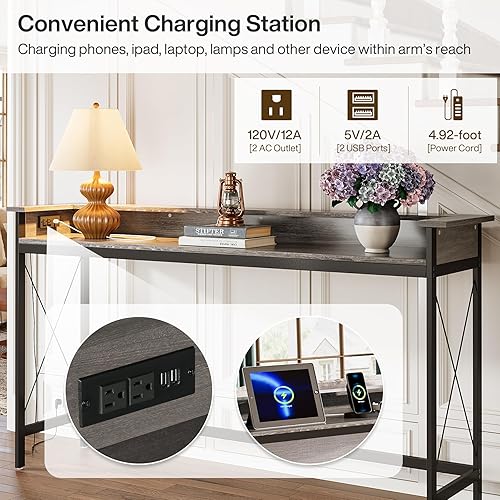 Miniatura 5 de Tribesigns Mesa de sofá con tomas de corriente y puertos USB, mesa consola extra larga de 70.9 pulgadas detrás del sofá con estación de carga, mesa