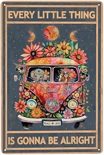 Hippie Vintage Metal Tin Sign Hippie Decor Gifts, Hippie Room Decor Every Little Thing Is Gonna Be Alright Retro Poster Wall Art Aluminum Metal Signs For Home Bedroom Tin Plaque 8"x12" Inch