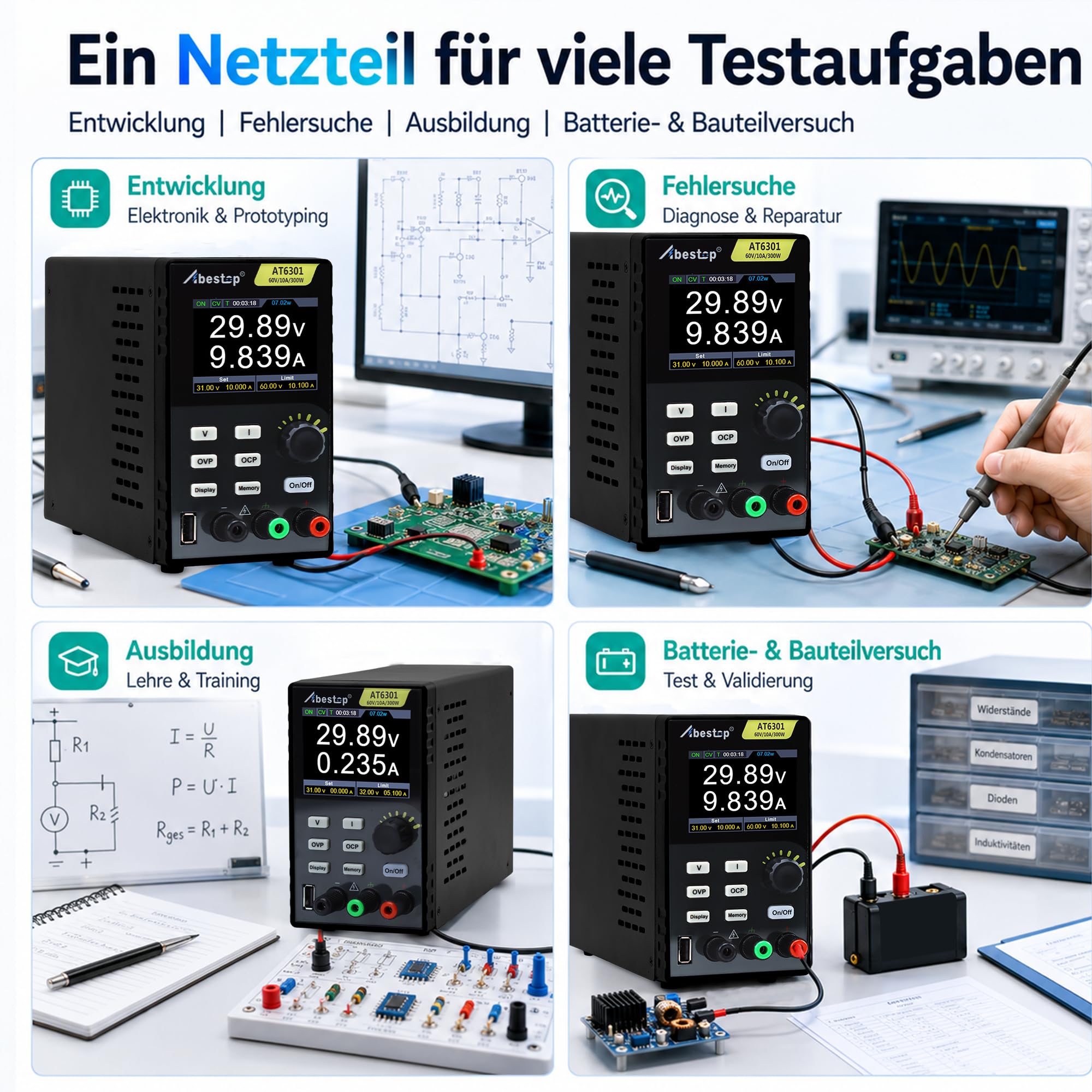 60 V/10 A Labornetzteil, labornetzteil 60V 300 W 2,8" 4-stelliges LCD labornetzgerät Mehrfachschutz Hohe Auflösung mit USB-Ladefunktion (60 V/10 A/300 W/AT6301)