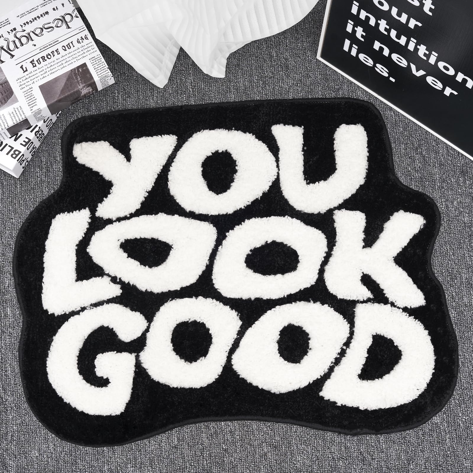 ELDONE You Look Good Bath Mat - Cool Black and White Bathroom Rugs Non Slip Washable, Black Bathroom Decor, Hypebeast Bedroom Decor Aesthetic, Cute Funny Funky Trendy Bathroom Mats 25