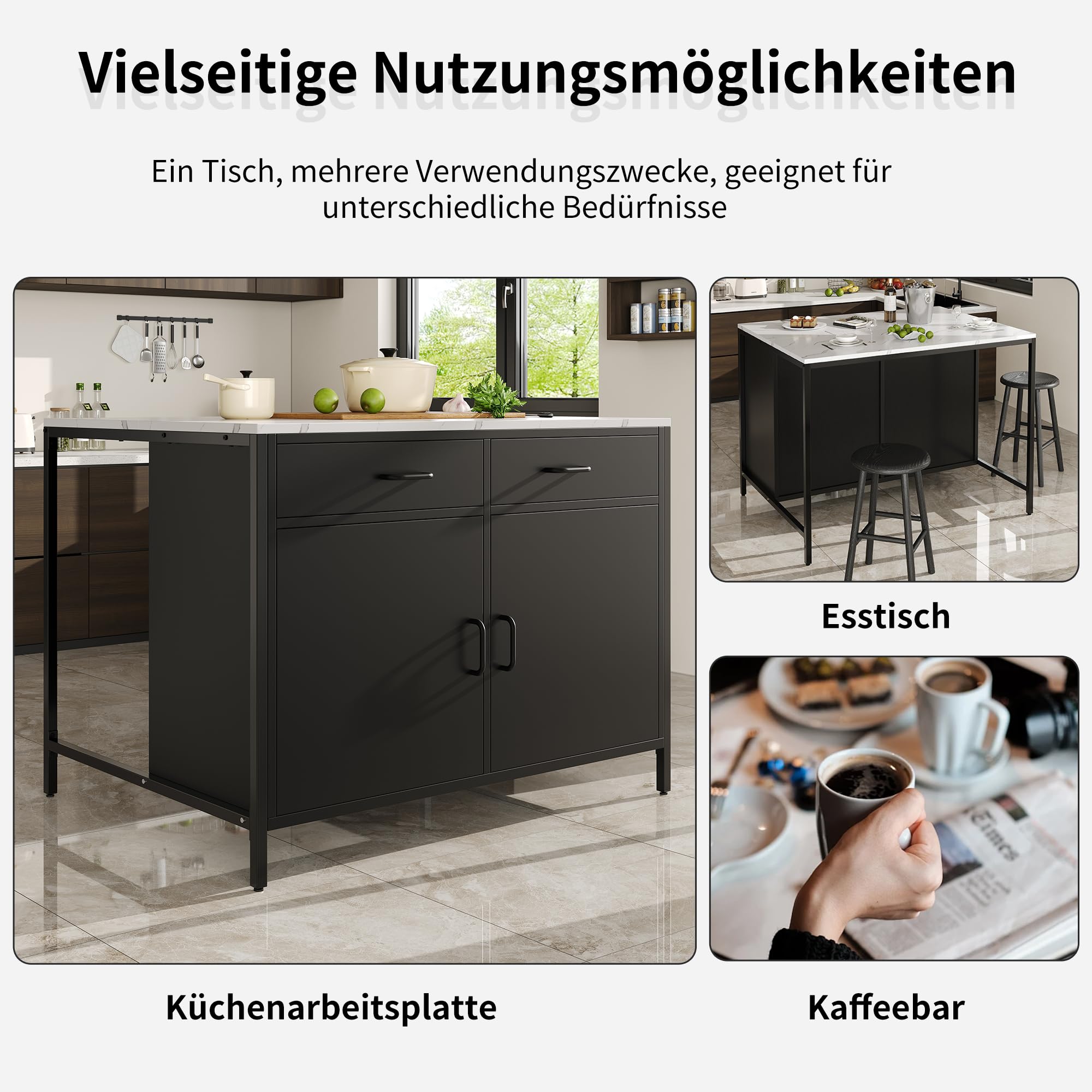 Kücheninsel, Küchenschrank mit 2 Schubladen, Frühstückstisch, Bar, Kücheninsel mit Regalen, Kücheninsel, Kücheninsel mit Marmorarbeitsplatten, 100 x 90 x 90cm,Verstellbare Füße,Schwarz + Weiß