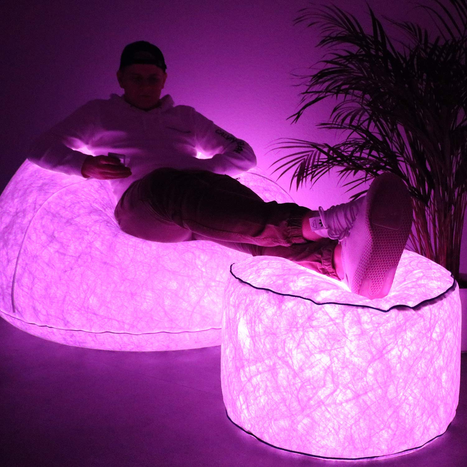 Tronje Taburete LED inflable Ø60cm Puff 120kg Cambio de Color Reposapiés para Exteriores Blanco