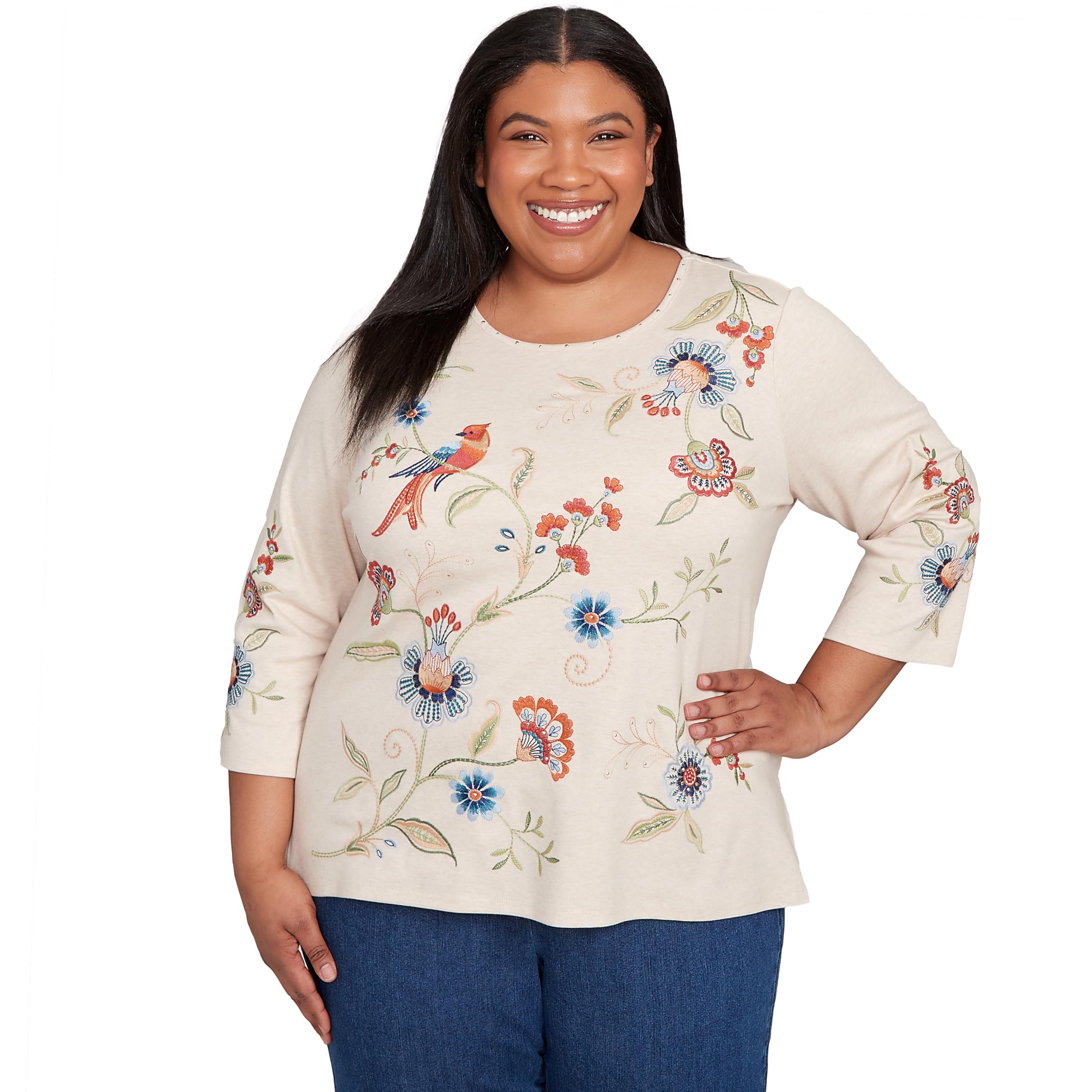 Allover Floral Embroidered Crew Neck Top
