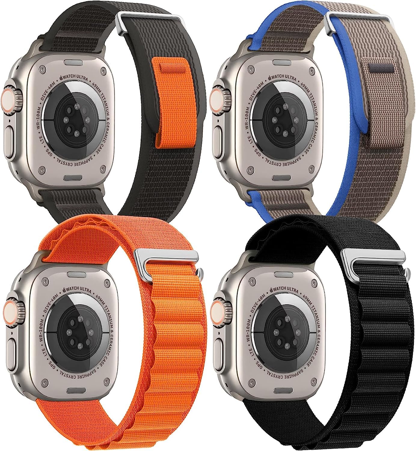 AMiRiTE ABS051 Alpine G - Hook [ Nylon ] / Trail [ Velcro ] Loop Watch Straps / Bands Compatible With Apple iWatch For Men Women Unisex, Replacement Strap 49mm 45mm 44mm 42mm For iWatch Series Ultra/8/7/6/5/4/3/2/1/SE/SE2【 👉 Only Strap for Apple iWatch ⌚ Watch NOT Included 】【 COMBO OF 4 】