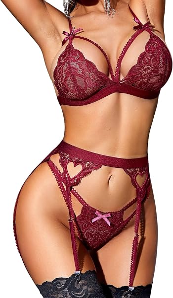 RSLOVE Completi Intimi da Donna con Reggicalze Body in Pizzo Teddy Babydoll in 3 Pezzi - 1