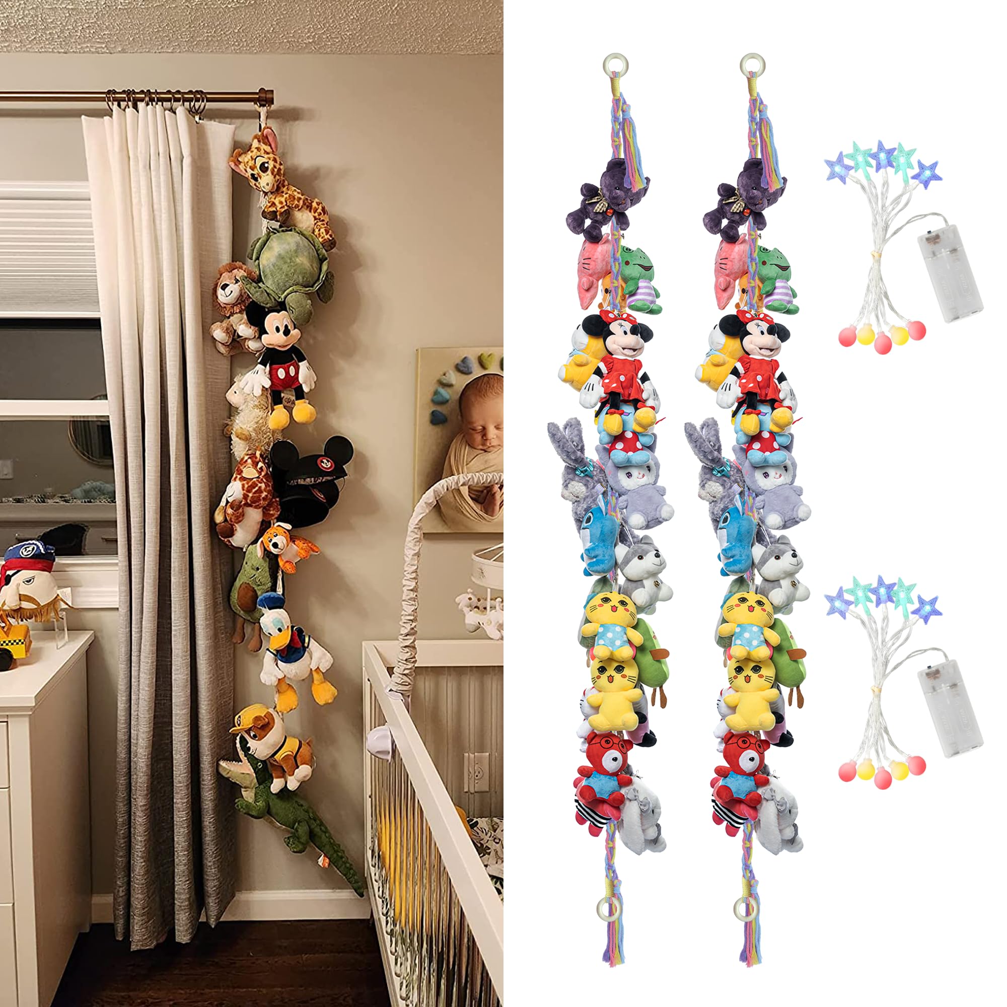 2PCS Stuffed Animals Storage Chain Organizers 80" Cotton Hanging Storage Chain with 2x 10 Led Light 40 Metal Clips Stuffed Animal Display Holder Chain for Nursery Play Room (Rainbow)