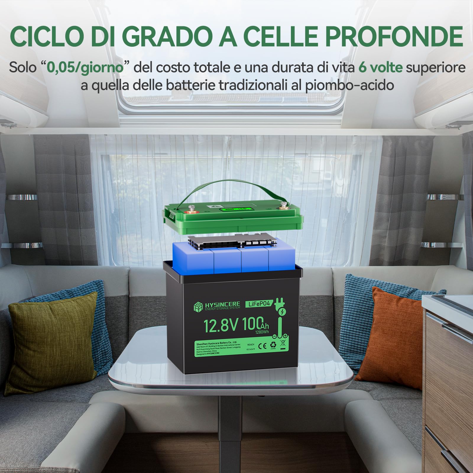 Batteria Litio Mini LiFePO4 12V 100Ah con LED, 100A Intelligente BMS & Max. 15000 cicli, 12 Volt Deep Cycle 1280 Wh ricaricabile per camper, campeggio, sistemi a casa solare, barche