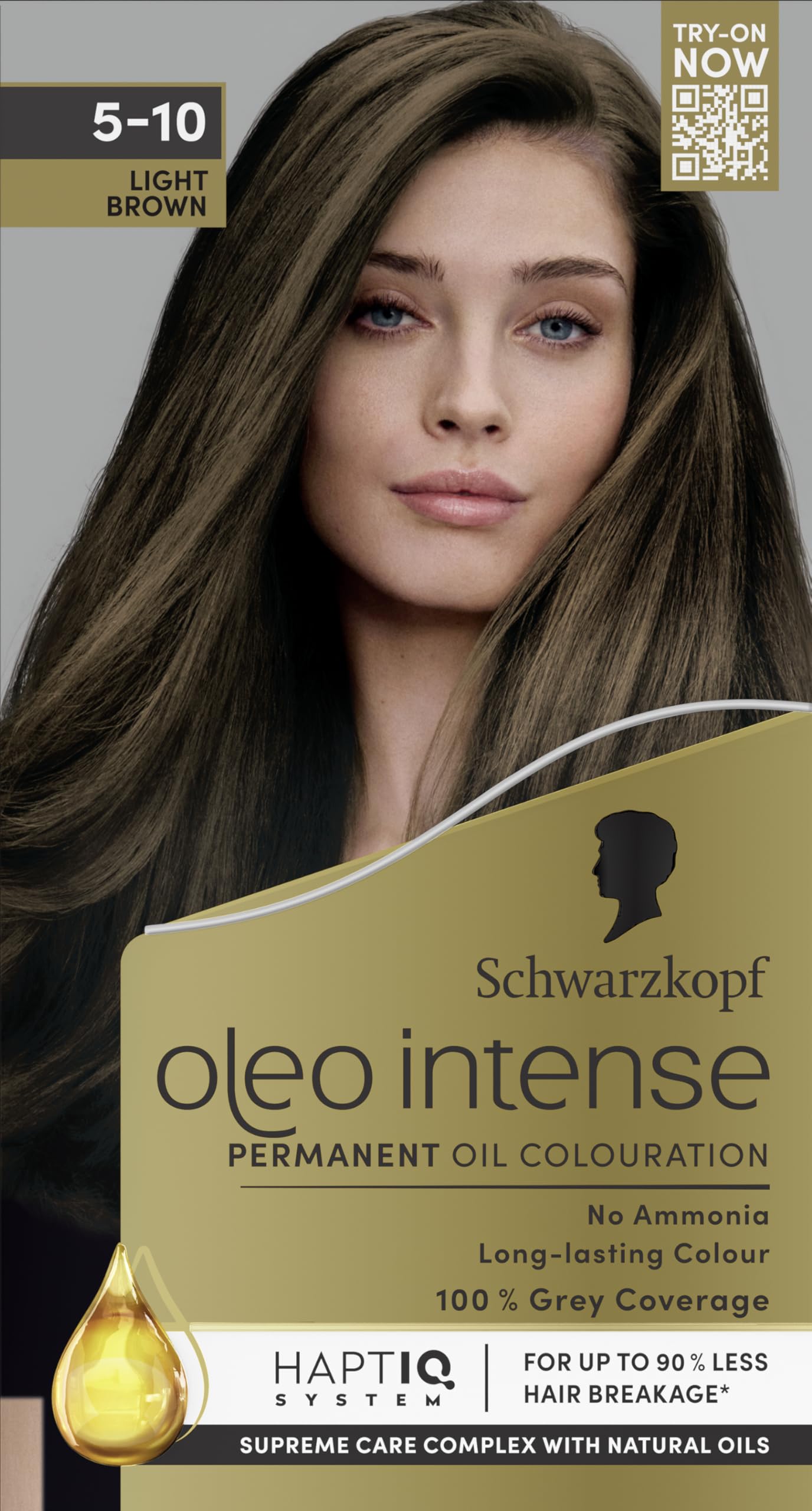 Schwarzkopf Oleo Intense Permanent Oil Colour 5-10 Light Brown Hair Dye, 100% Grey Coverage, Conditioner with HaptIQ System, Long-Lasting Colour, Ammonia Free Hair Dye