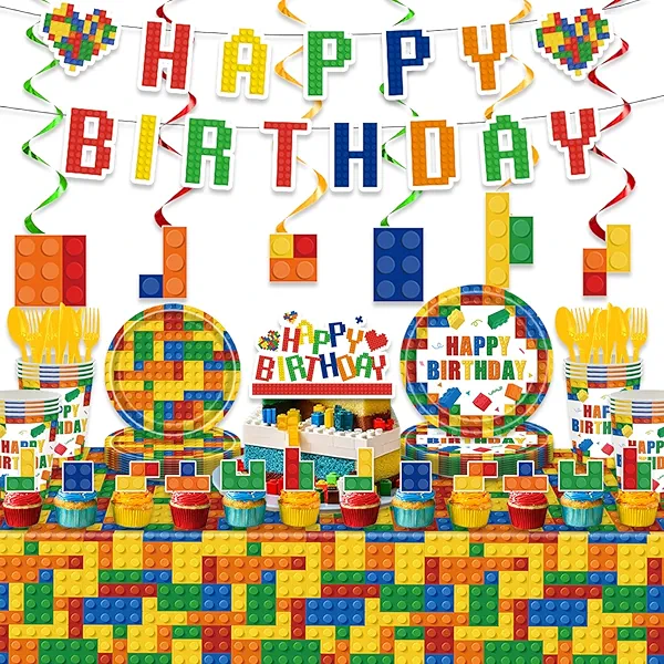 179 Pcs Building Block Birthday Party Supplies Including Cupcake Topper Paper Plates Napkins Cups Forks Tablecloth Banner for Boys Girls Kid's Birthday Party Decorations, Serve 20