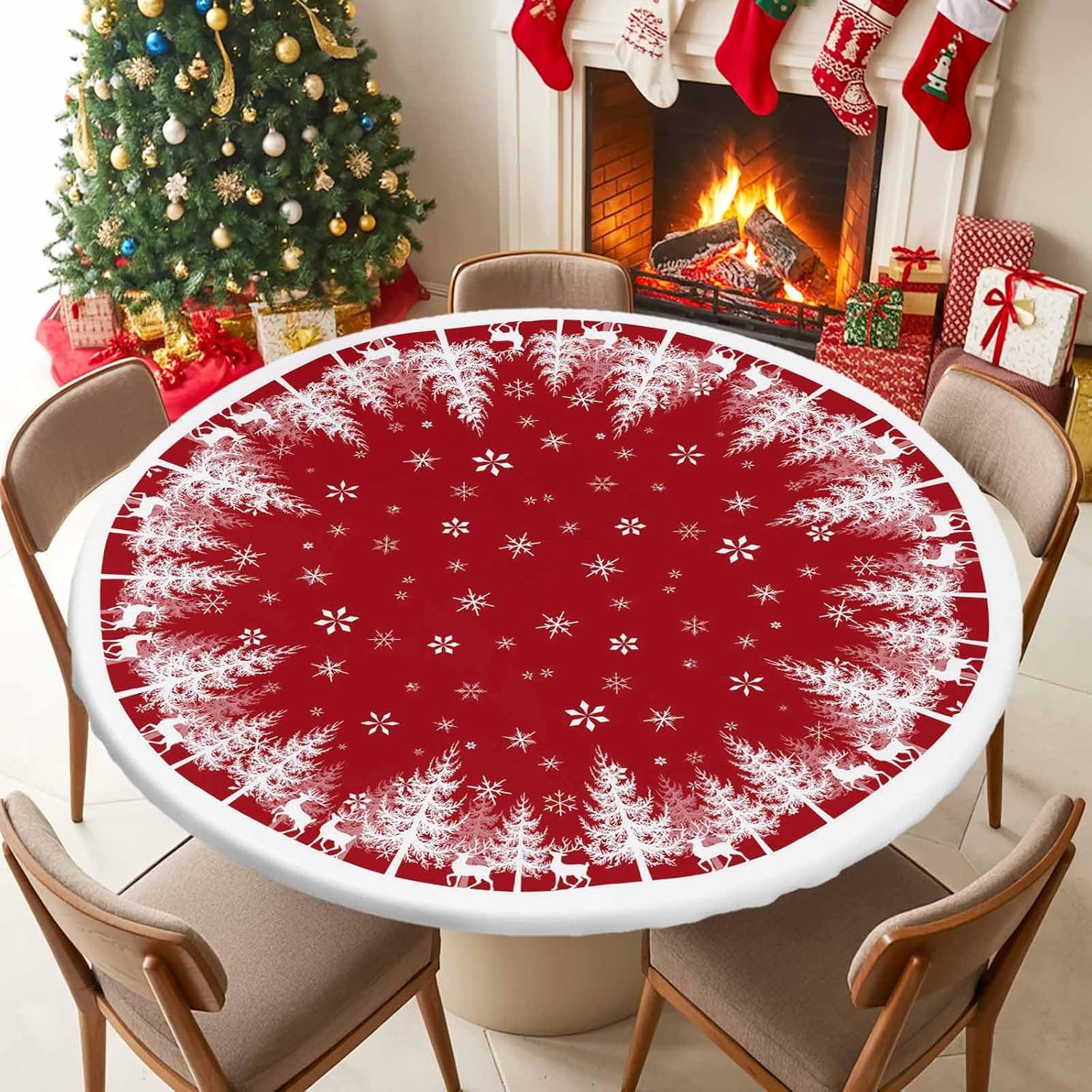 Round Fitted Tablecloth with Elastic Edged, Winter Snow Reindeer Pine Tree Fitted Circle Tables Cover Wipeable Waterproof Table Cloth for Indoor Outdoor Use Tabletop Decor White Snowflake on Red