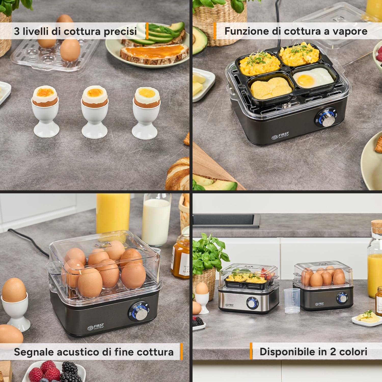 TZS First Austria Cuociuova Elettrico Grigio - 8 Uova, 4 Livelli Cottura, Funzione Vapore, Spegnimento Automatico, Segnale Acustico, Misurino e Stampi, Compatto e Leggero