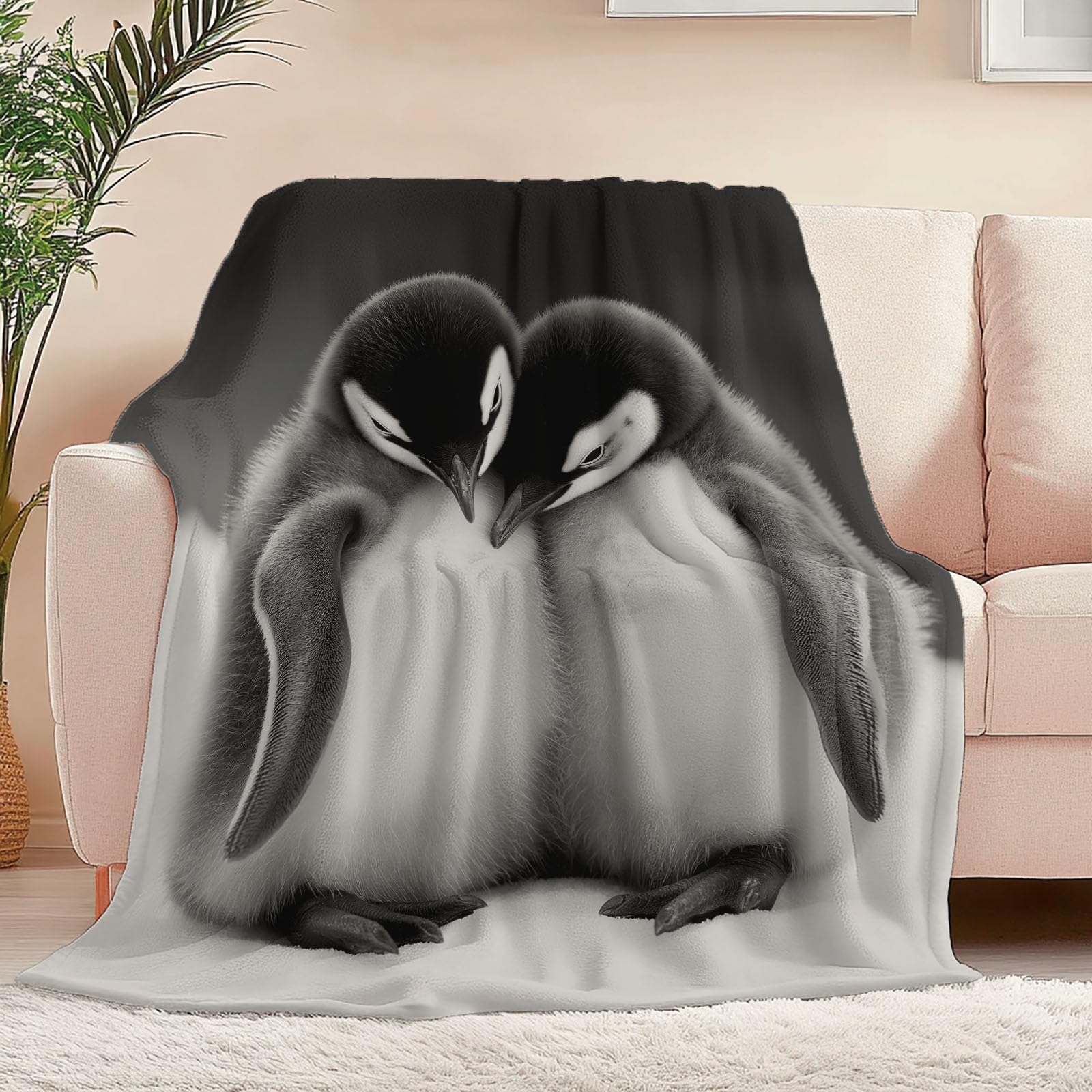 Fleece Kuscheldecke 150 x 200 cm, Tier Süß Kleiner Pinguin Muster Warm Plüsch Wohndecke für Jungen Mädchen Erwachsene Teenager - Grau Schwarz Weich Flanell Decke für Sofa Sessel Bett Reisen Büro