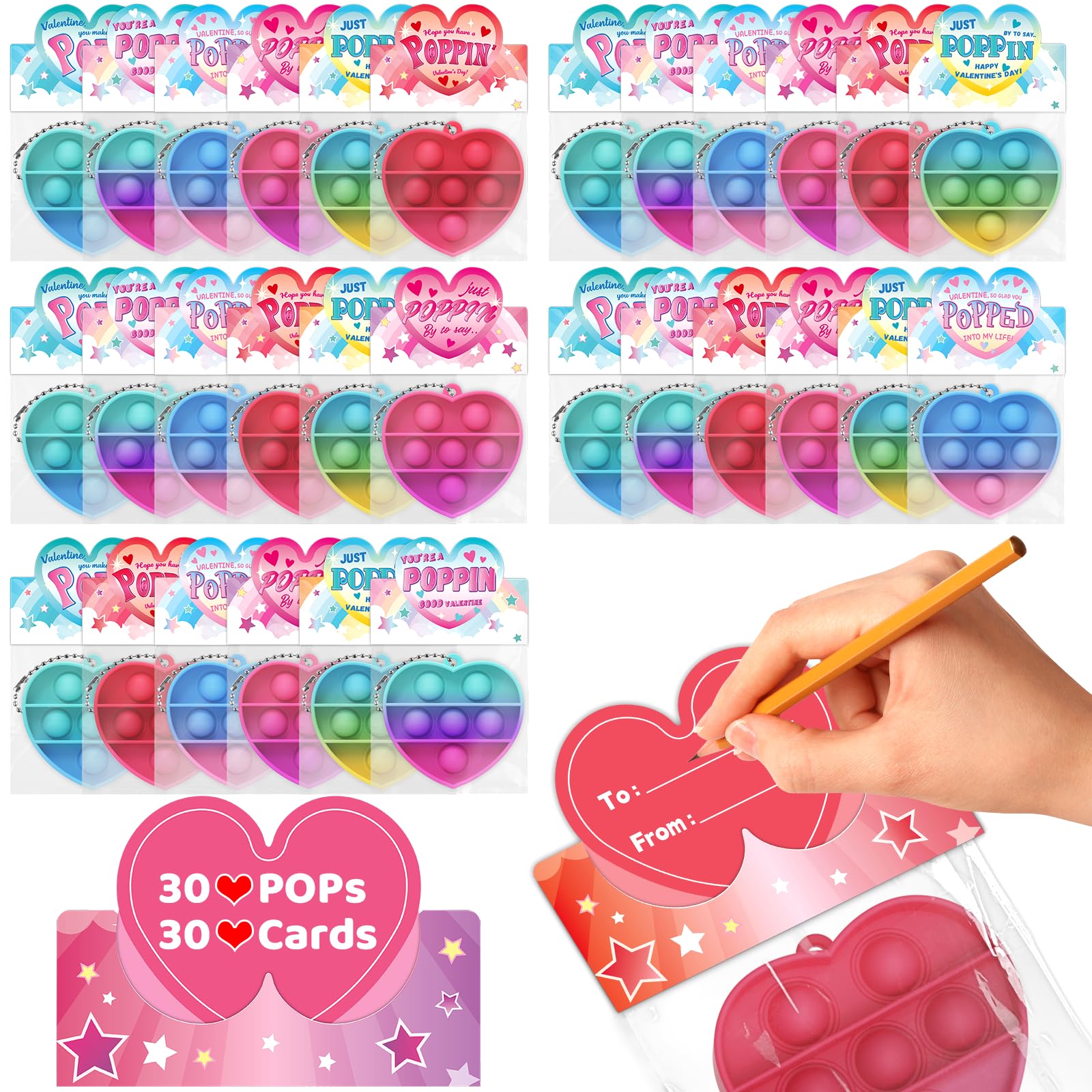 30 Pcs Valentines Day Gifts Cards for Kids with 30 Pcs Heart Keychain Pop Fidget Toys Bulk for School Classroom Exchange, Class, Party Favors, Easter Goodie Bags Stuffers for Kids Boys Girls Toddlers