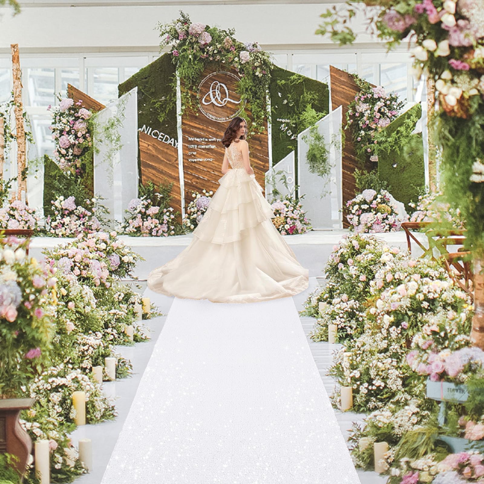 PartyDelight Wedding Aisle Runner White Sequin Carpet Runner for Party Sparkly Rug Indoor Outdoor Weddings Engagement Ceremony 2FTx15FT