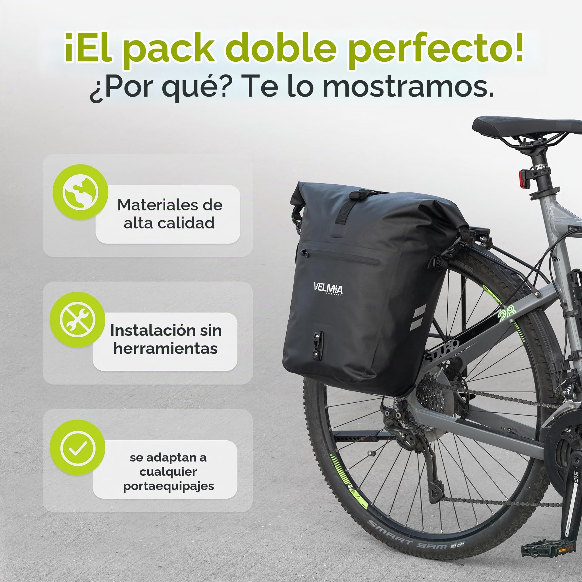 Velmia Alforja Trasera para Bicicleta I Pannier Duradero, con Práctica Asa para Transporte y Reflectores de Alta Visibilidad I 100% Impermeable, Bolsa para Portaequipajes Trasero con Sistema de Clip