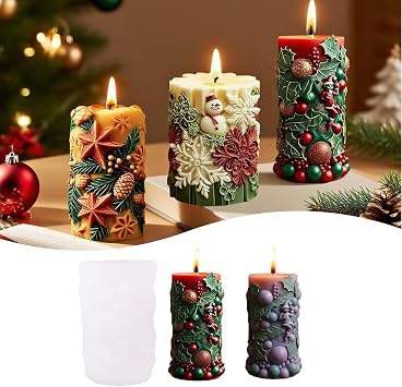 3D DIY Christmas Cylindrical Candle Molds for Candle Making, MUAECH Berries & Holly Silicone Soap Mold for Soap Making, Christmas Series Embossed Cylindrical Epoxy Resin Casting Mould for Home Decor