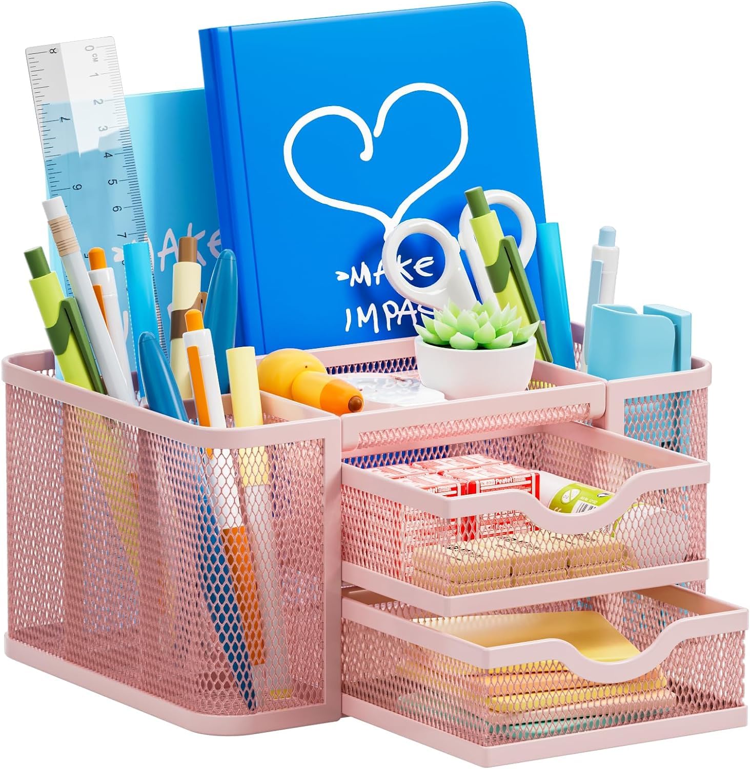 Marbrasse Organizador Escritorio Malla,Organizador Rotuladores con 2 Cajones,Accesorios Escritorio con 5 Compartimentos + Cajón,para Material de Oficina en Casa (Rosa)