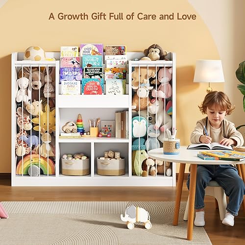 Miniatura 7 de ONBRILL Dos almacenamiento de madera para animales de peluche, organizador de almacenamiento de juguetes para niños pequeños con estantería de 4