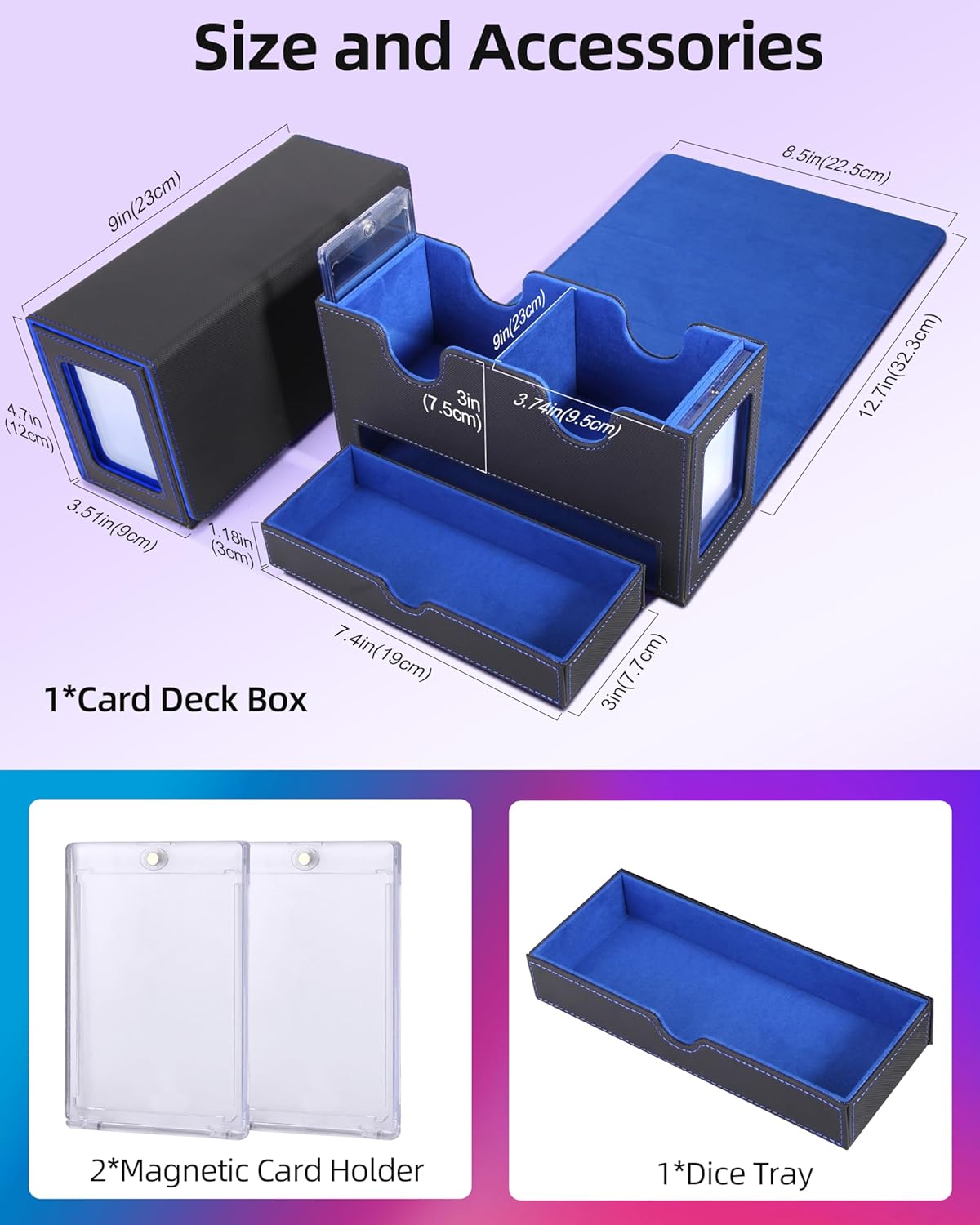 MTG Deck Box, MTG Commander Card Deck Box with Commander Display, Fits 250+ Single Sleeved, Double Card Storage Box with Dice Tray, Magnetic Card Storage Case for CCG TCG Sports Cards, Black Blue