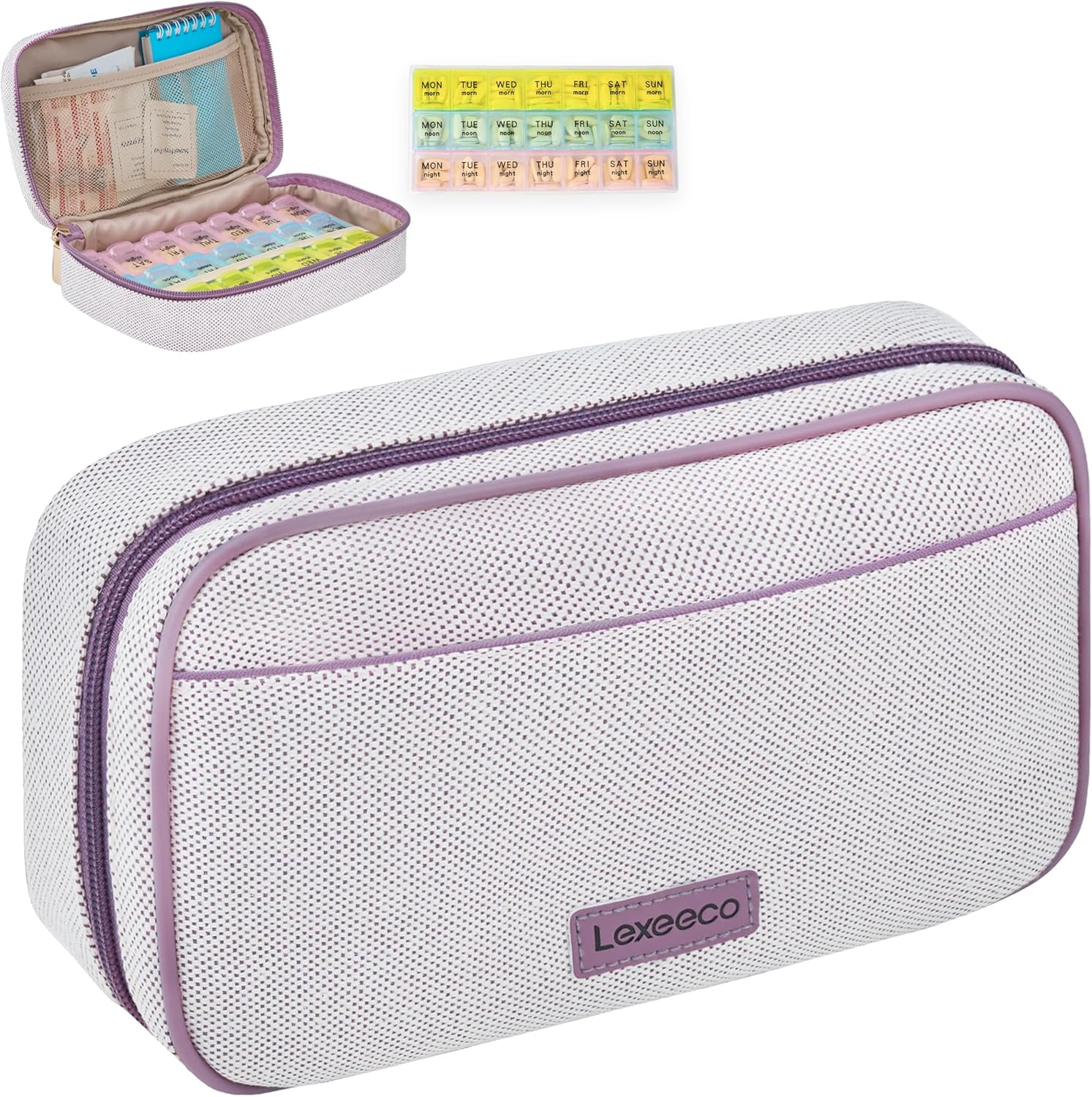 Weekly Travel Pill Organizer 3 Times A Day Pill Case for Purse with Removable 7 Day Pill Box Holder,Cute Medication Organizer Pill Container for Medicine, Vitamin, Fish Oils,Supplement(Purple, Large)