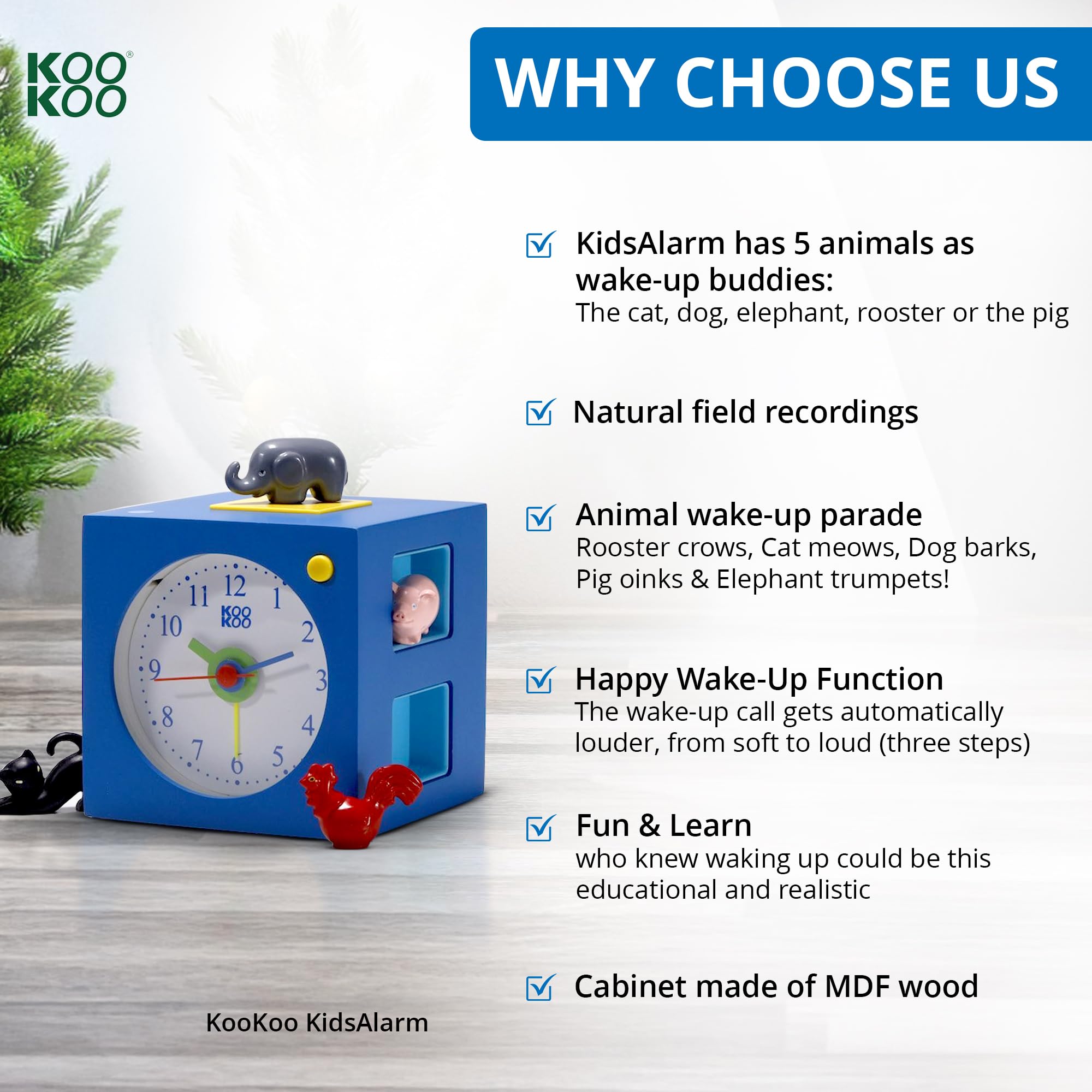 KOOKOO KidsAlarm Azul, Despertador para niños incluy 5 Animales de Granja con Les Sonidos, grabaciónes de la naturalez