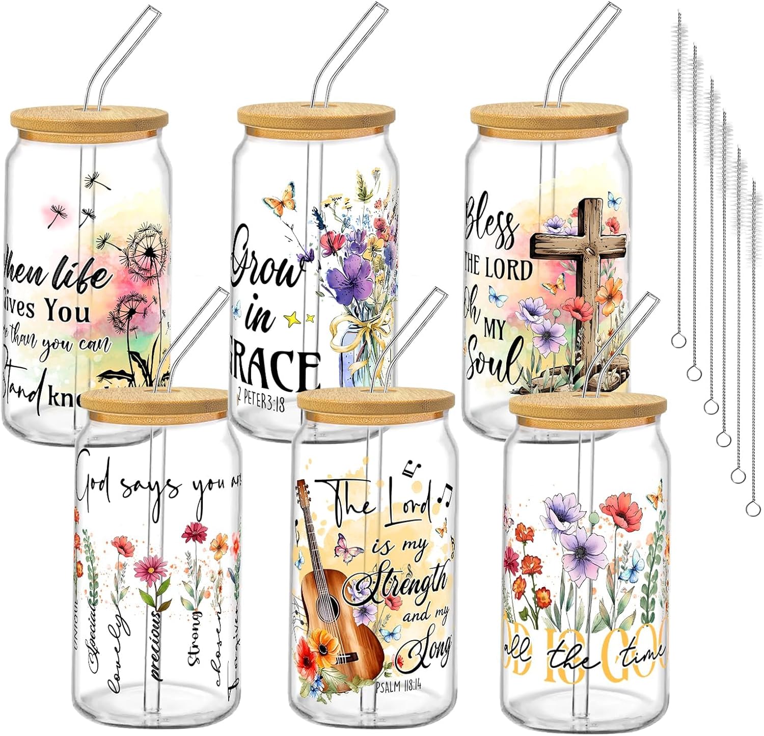 6Pcs Christian Bible Verse Glass Cups with Lids and Straws 16oz Christian Inspirational Drinking Glasses Cups Blessing Iced Coffee Cup Tumbler Religious Birthday Gift for Women Girls Friend
