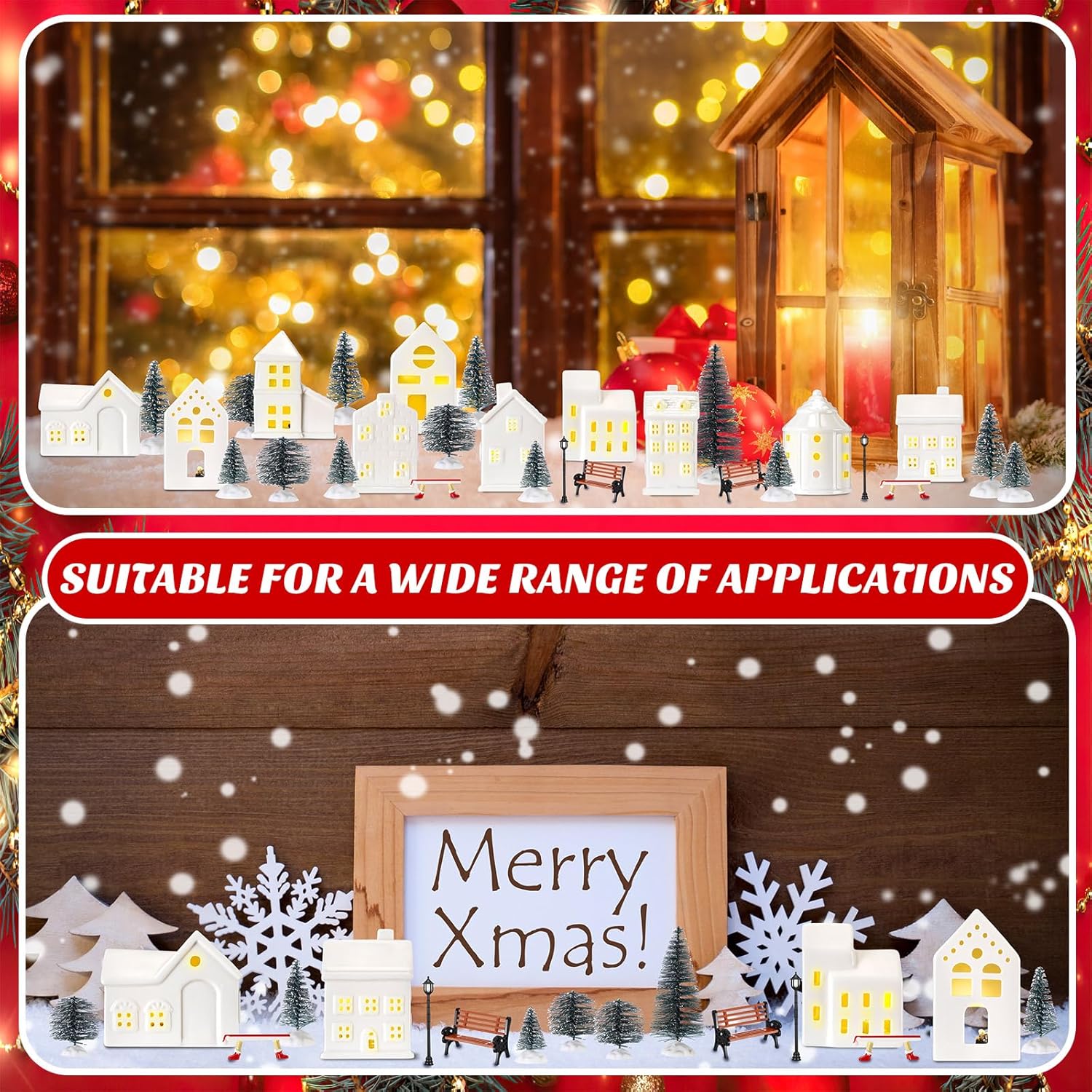 Barydat 40 Pcs Ceramic Christmas Village Set 10 LED White Village House Figurines 30 Xmas Trees Benches Streetlamps Accessories for Christmas Desktop Table Centerpiece Winter Holiday Decor - Image 3