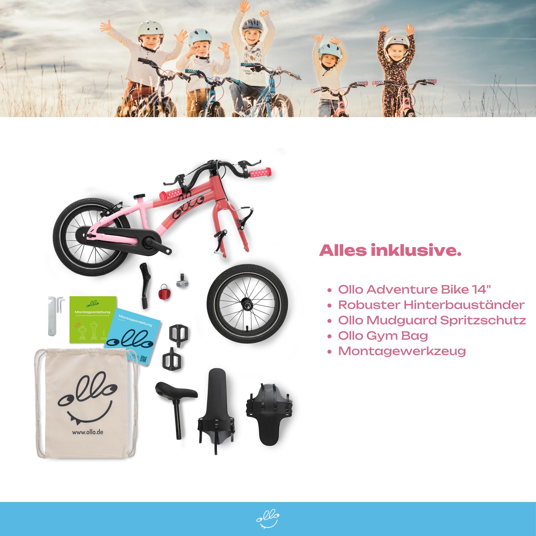 Ollo Adventure Bike 14 Zoll Kinderfahrrad ab 3 Jahre - leichtes Fahrrad für Kinder 95-110 cm - Aluminiumrahmen, kindgerechter Sattel, Bremsen, Schutzbleche, Ständer & Gym Bag