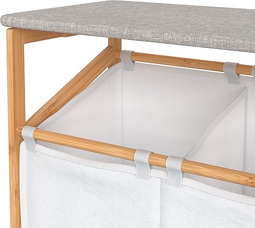 Miniatura 7 de ClosetMaid Cesta de bambú para lavandería con estación plegable de tabla de planchar, compartimentos dobles con divisor, clasificador de lavandería