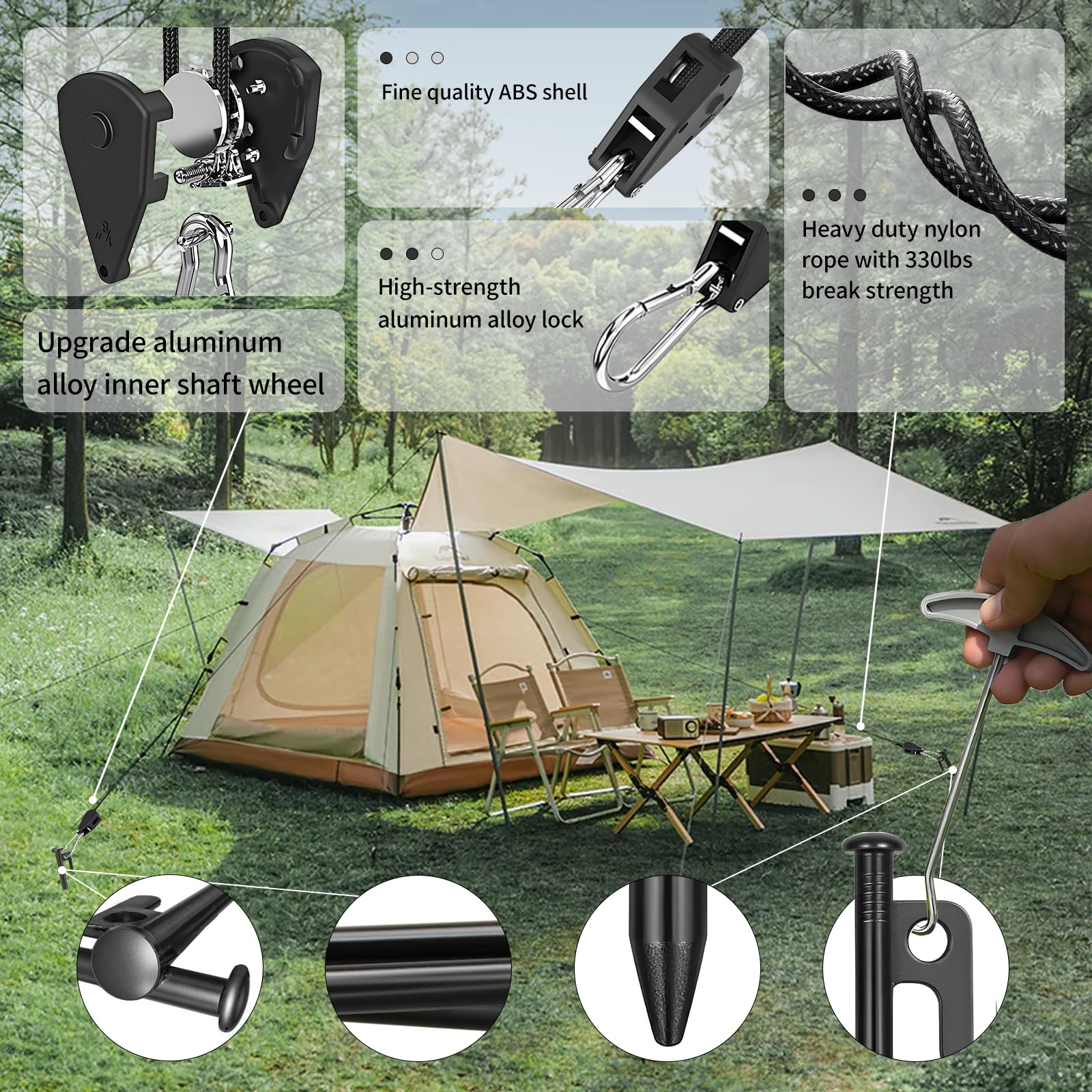 CONBOLA Camping Rope with Tent Stakes Set, 1/8