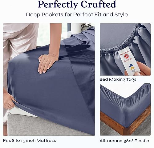 Vista 320 de Juego de sábanas de 400 hilos y 6 piezas, tamaño King, con 4 fundas de almohada, ropa de cama de 100 % algodón con tejido satinado, color azul 12