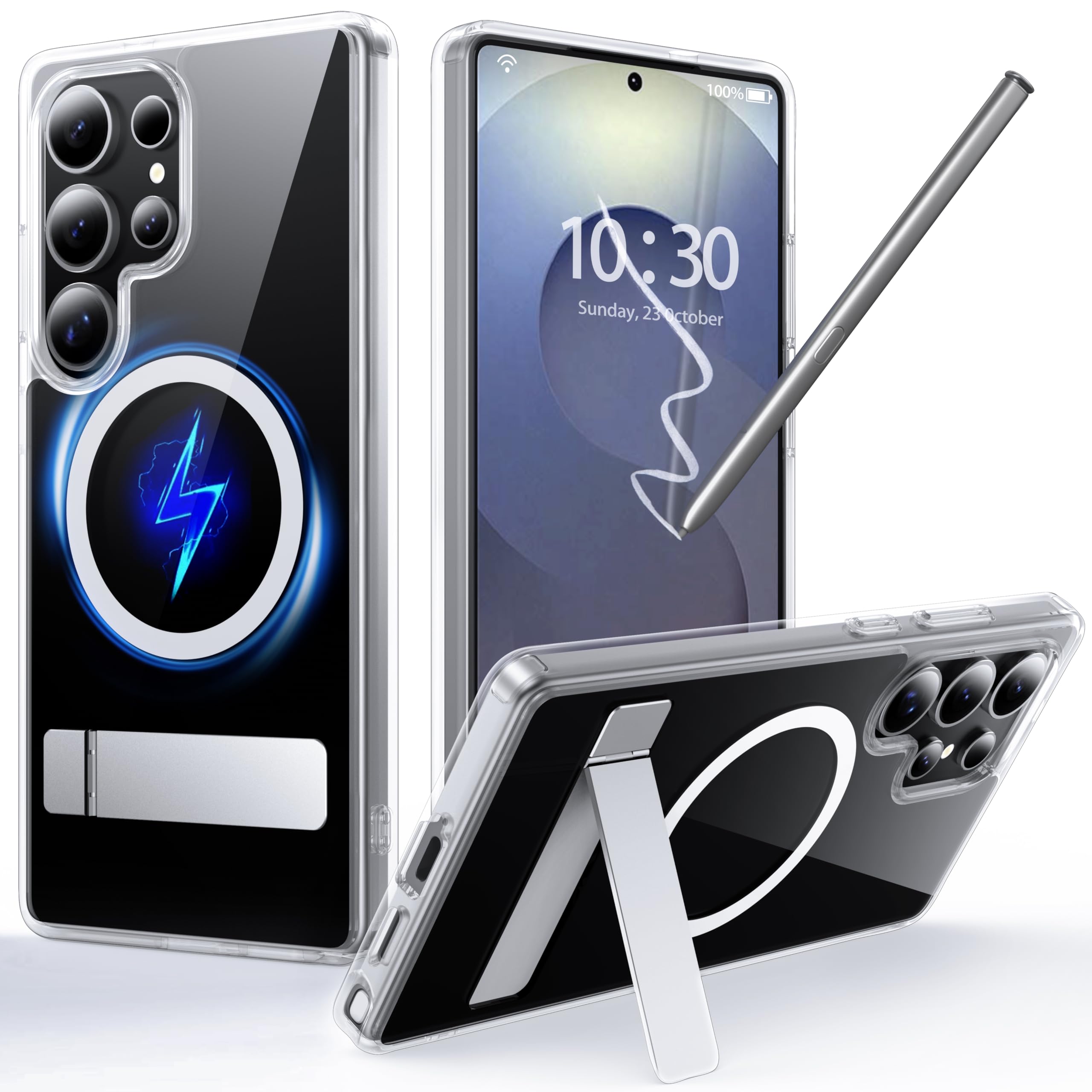 FNDMIL for Samsung Galaxy S25 Ultra Case with MagSafe[Invisible Kickstand] [Charge While Standing] [Military Shockproof] [Anti-Yellowing]Transparent