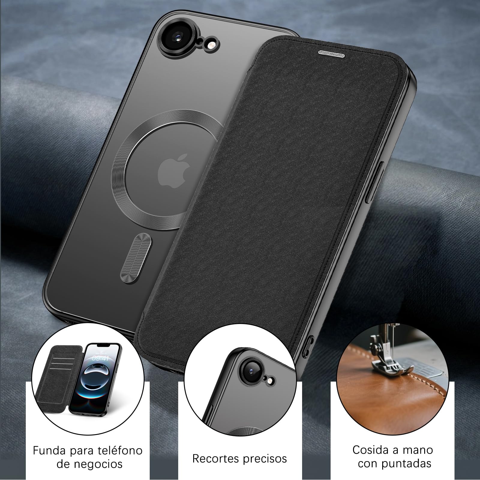 VENINGO Funda Magnética para iPhone 16e, Compatible con MagSafe Libro Funda iPhone 16e Cover Protección de Grado Militar Carga Inalámbrica Antihuellas Antigolpes Fina Carcasa, Negro