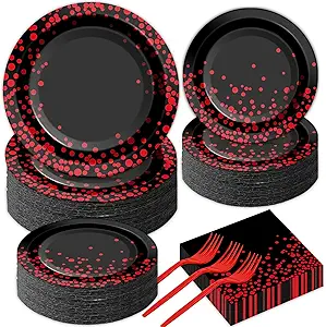 50 Guests Red and Black Birthday Party Supplies Set Red Dot on Black Disposable Plates Napkins Red and Black Tableware Set Party Papaer Dinnerware for Birthday Graduation Wedding Decorations 200Pcs