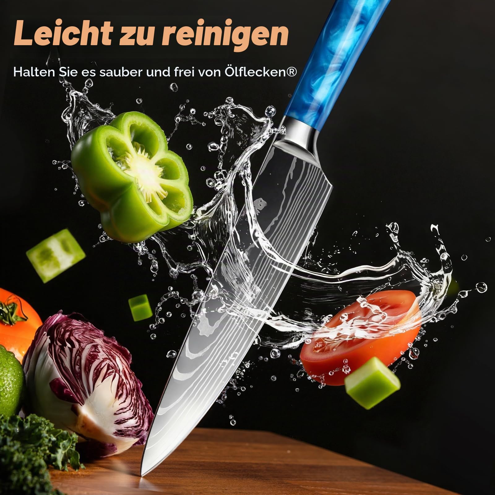 Messerblock Set, mit 10-teilige, Harzgriff, Kitchen knife Set mit Kochemesser, Brotmesser, Santokumesser, Schälmesser, Damast-Muster, Profi Kochmesser Set Geschenkbox (Blau)
