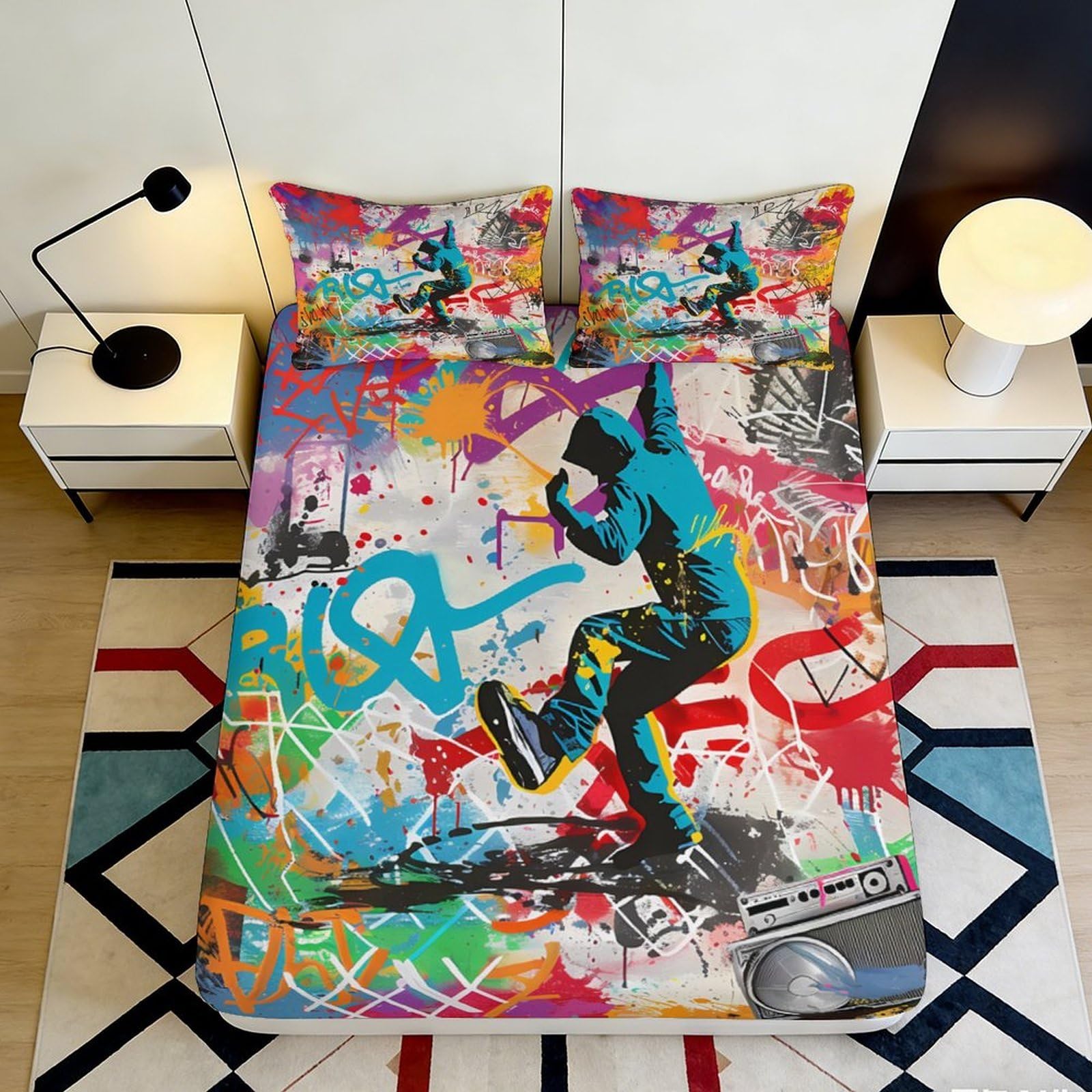 3D Printed Graffiti Street Art Fitted Sheet Microfiber Colorful Urban Skate Mattress Cover for Bedroom Guest Room Decor 200x200x25cm