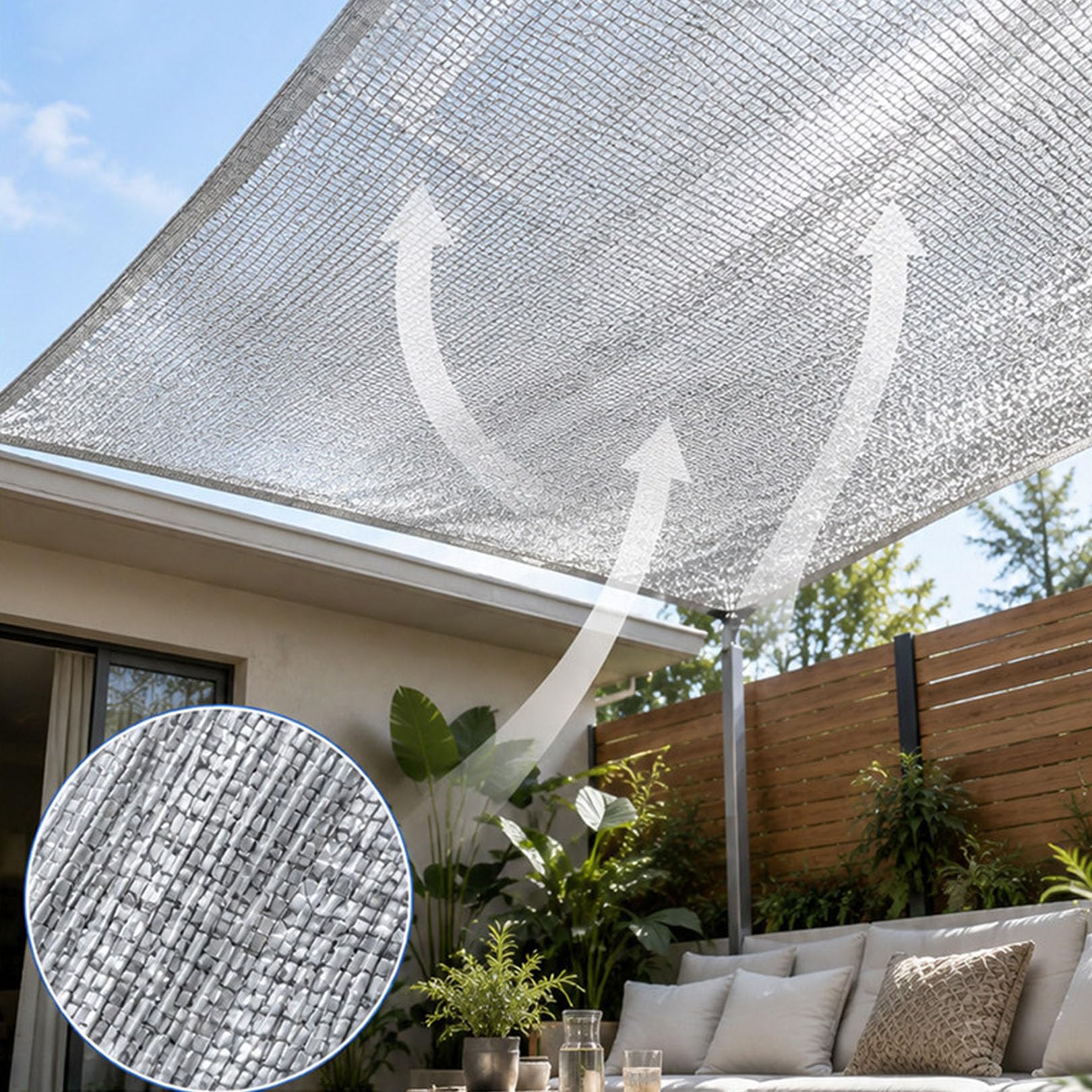 Tela reflectante de aluminio e UV de 5 x 5 m, transpirable, con ojales, para balcón, terraza, puerto, invernadero