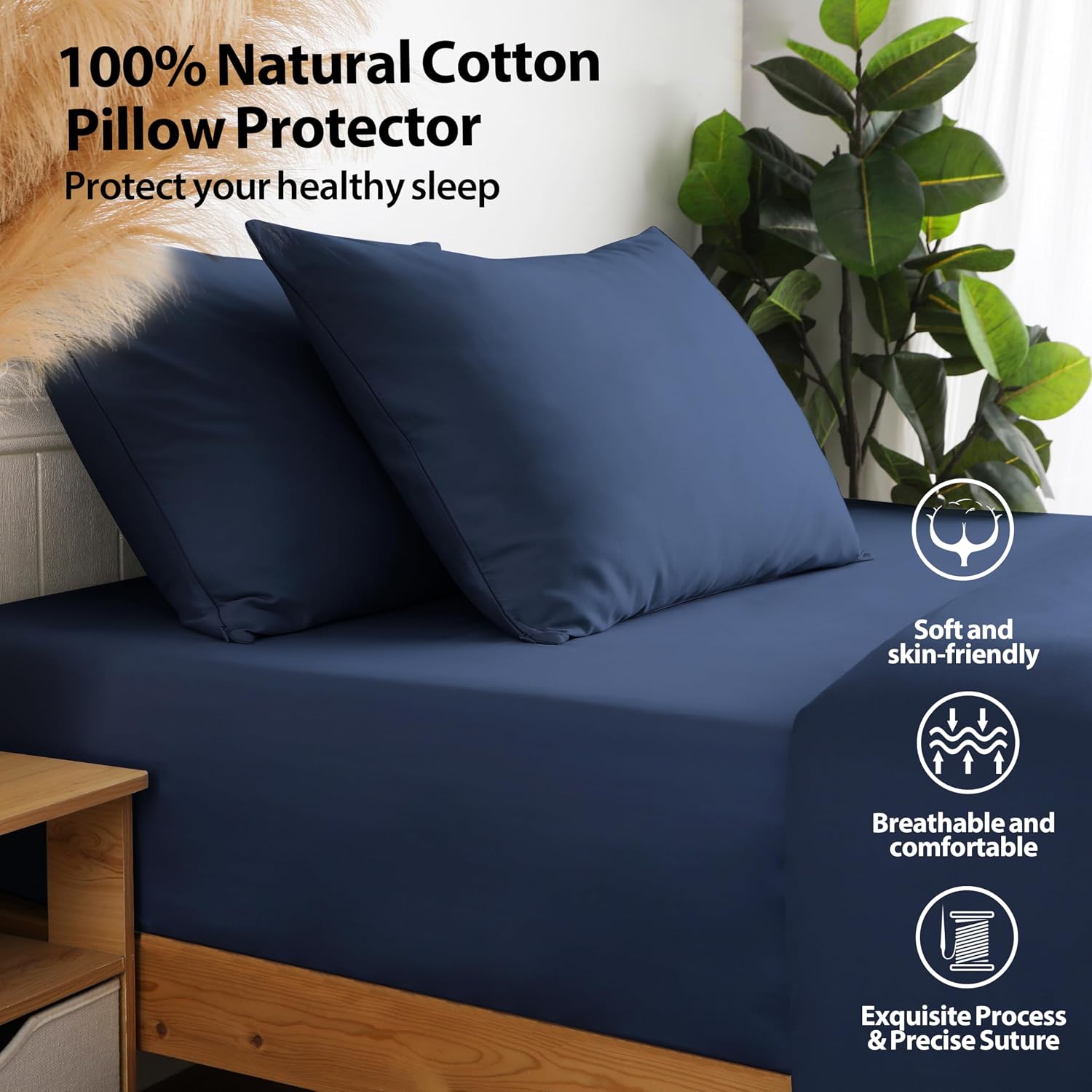 100% Cotton Zippered Pillow Protectors King Size (20"x36"), Set of 2
