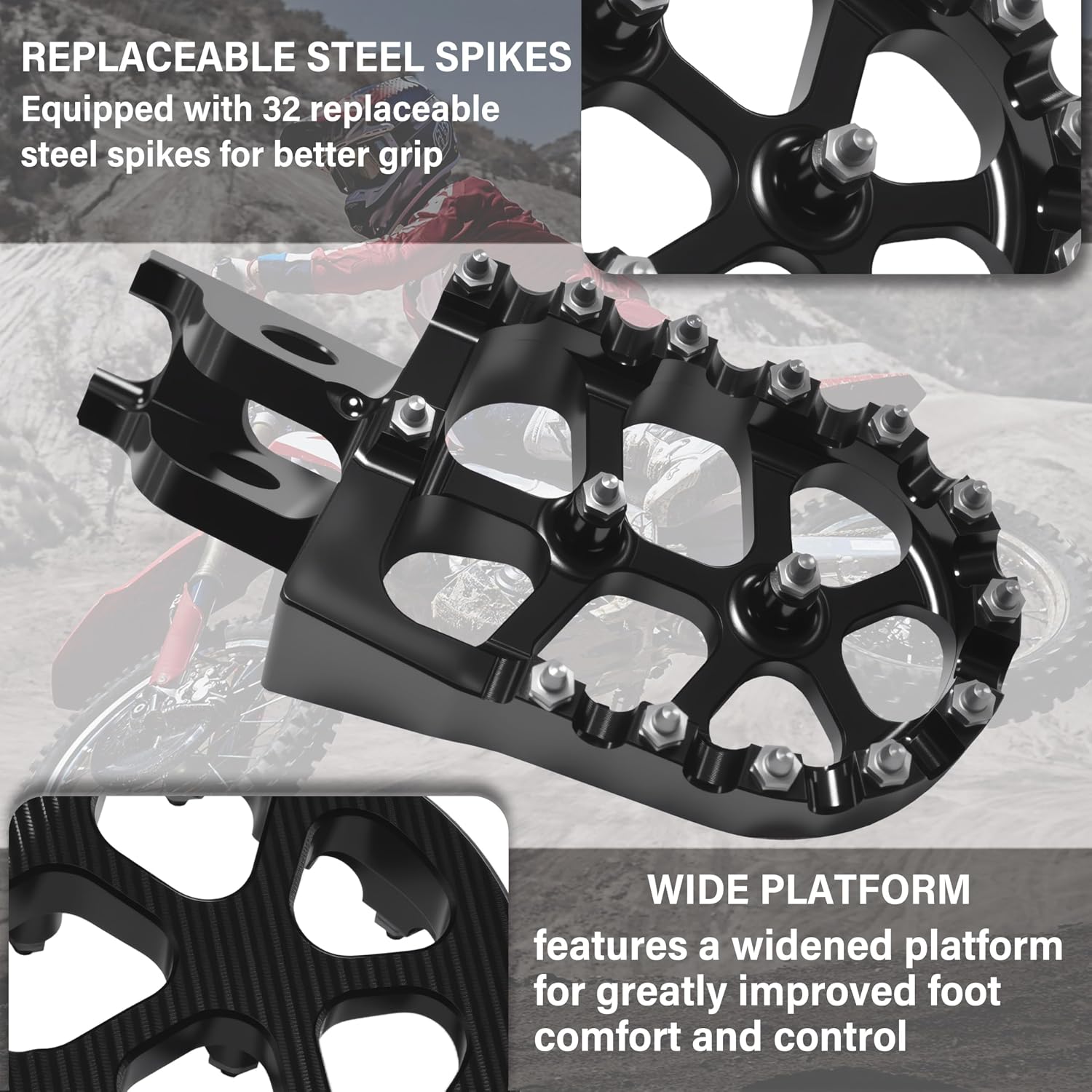 Dirt Bike Foot Pegs CNC Wide Platform Footpegs with Springs for Honda CRF150R CRF250R CRF450R CRF250X CRF450X CRF300L CRF250L CR125 CR250 CRF450RL CRF1000L Replaceable Aluminum (Black)