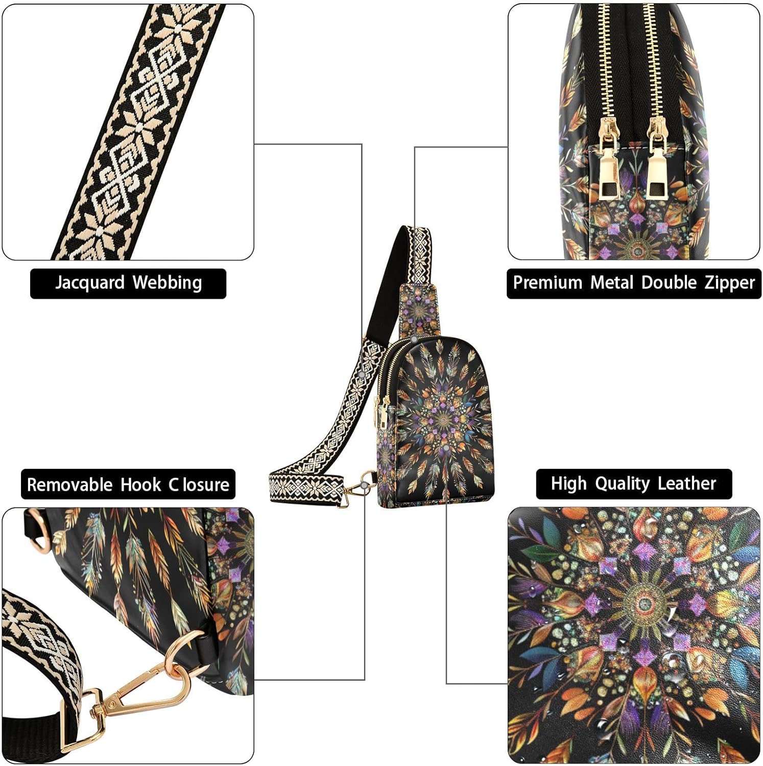 Boho Bag Small Sling Bag for Women Mandala Illustration Leather Crossbody Bags Chest Bag Waist Packs