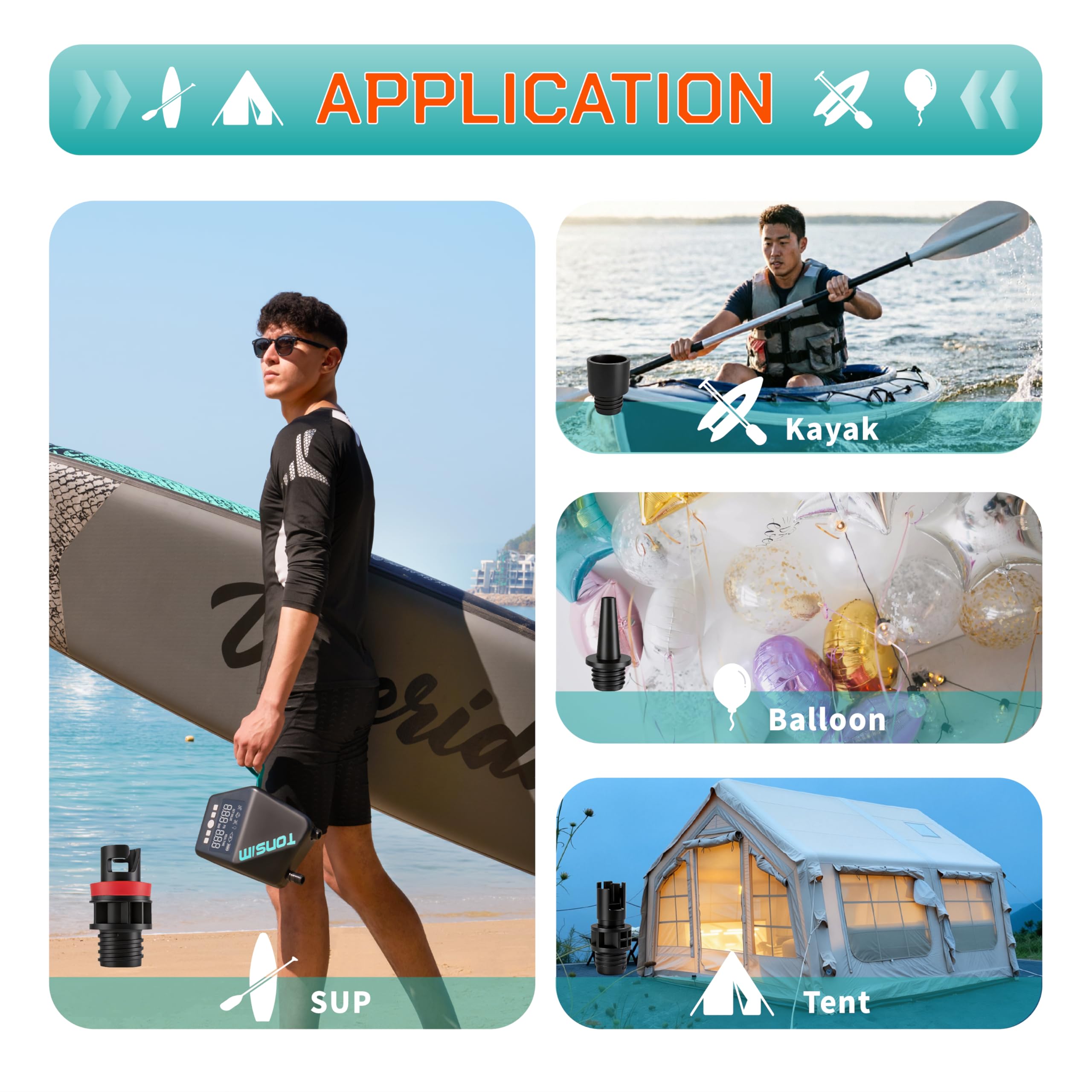 Tonsim Sup Pumpe Elektrisch mit Akku 20 PSI, Wiederaufladbare Luftpumpe, Zweistufiges Auf- und Abpumpen, 12V-DC-Autoanschluss, Automatische Abschaltung für Paddleboards, Kajaks und Zelte