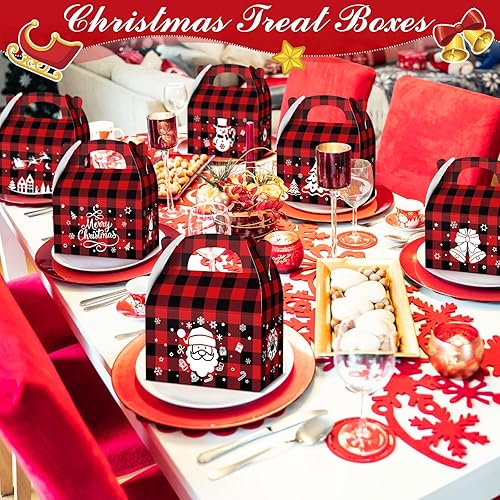 Miniatura 7 de TaoBary 24 cajas de galletas de Navidad, cajas de dulces a cuadros de Navidad con asas, cartón 3D, bolsa de regalo de Navidad con impresión vibrante