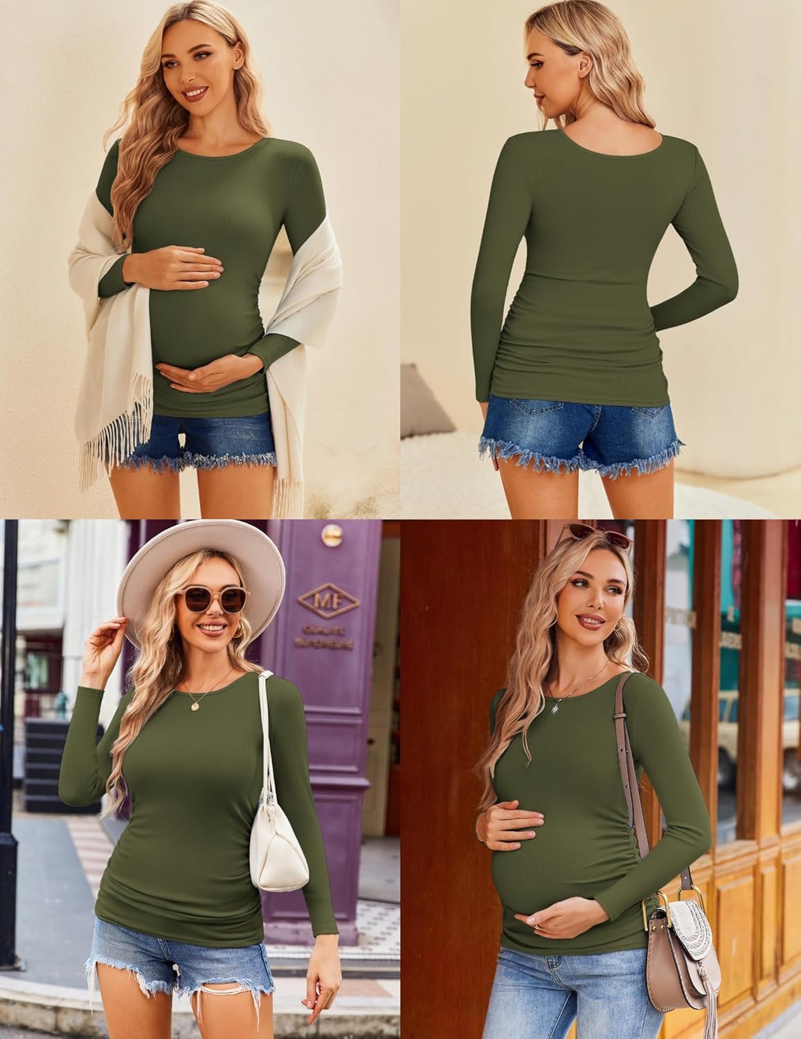 Ekouaer Maternity Shirts 3 Packs Women Long Sleeve Pregnancy Tee Tops Tunic Blouse Ribbed Side Ruched Mama Clothes S-XXL - Image 5