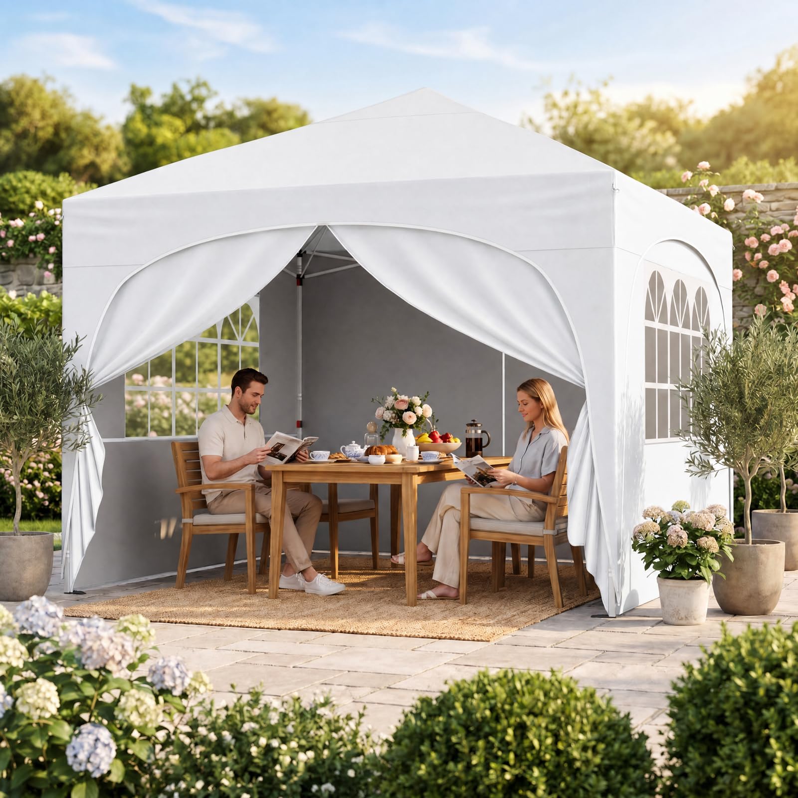RELAX4LIFE Tonnelle Pliante 3x3 Imperméable avec Parois, Barnum Pliant 3x3 Facile à Monter, UV50+, Cadre Métallique, Sac de Sable, Sac à roulettes, Tente de Réception pour Camping Marché (Blanc)