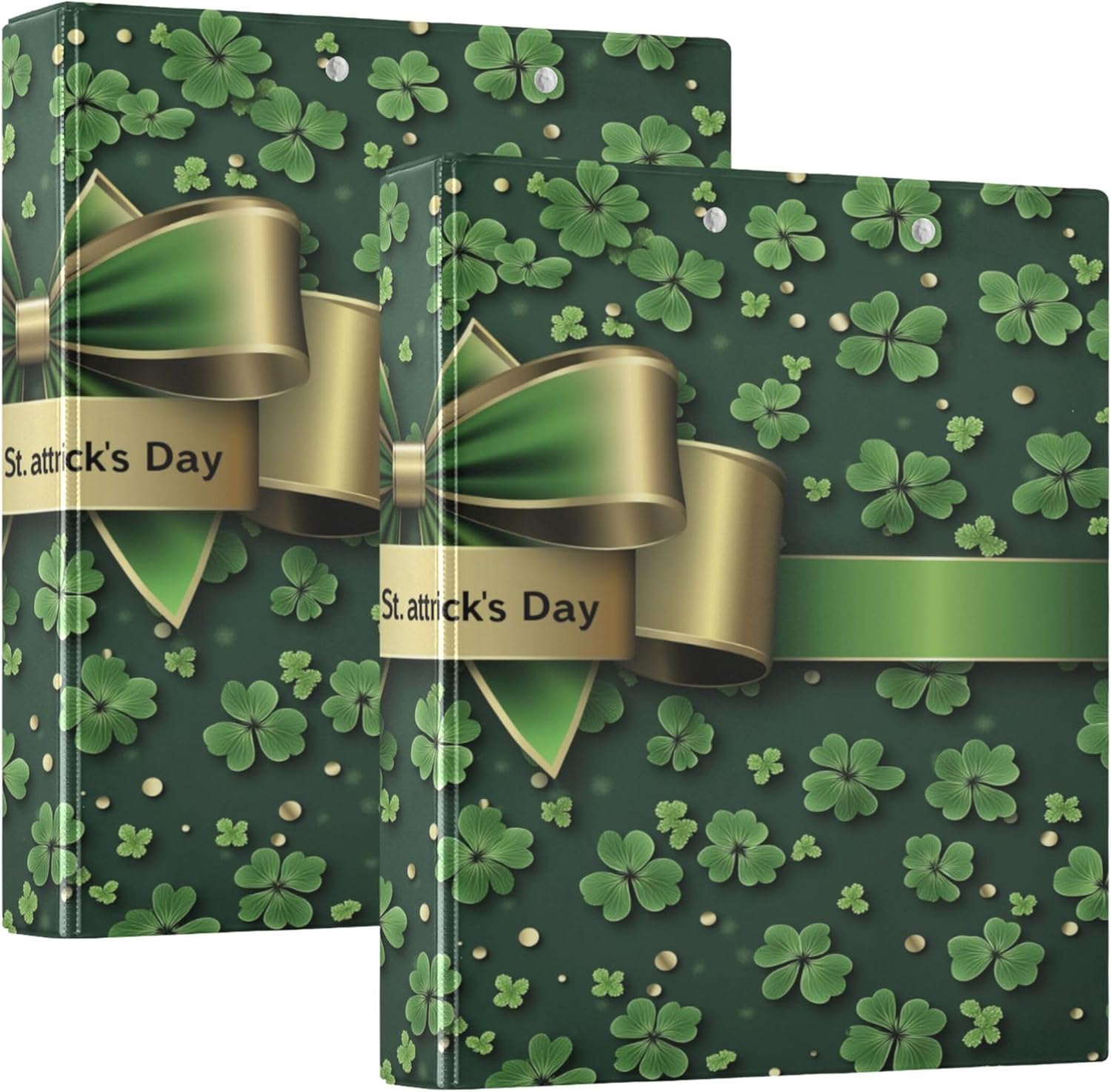 St. Patrick's Day Shamrock Bow 3 Ring Binders, 1.5” Round Ring Binders with Clipboard - Letter Size, 3 Interior PVC Clear Pockets & Anti-Slip Clip for Office School Supplies, 2PCS