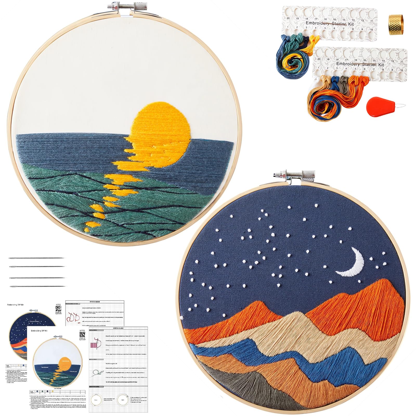 Armindou Hand Embroidery DIY Kits for Beginners Adults, Sea Sunrise Embroidery Set Needlepoint Kits, Stamped Cross Stitch Kits for Beginners Adults, 2 Embroidery Hoops, Fabric(Attached Video Tutorial)