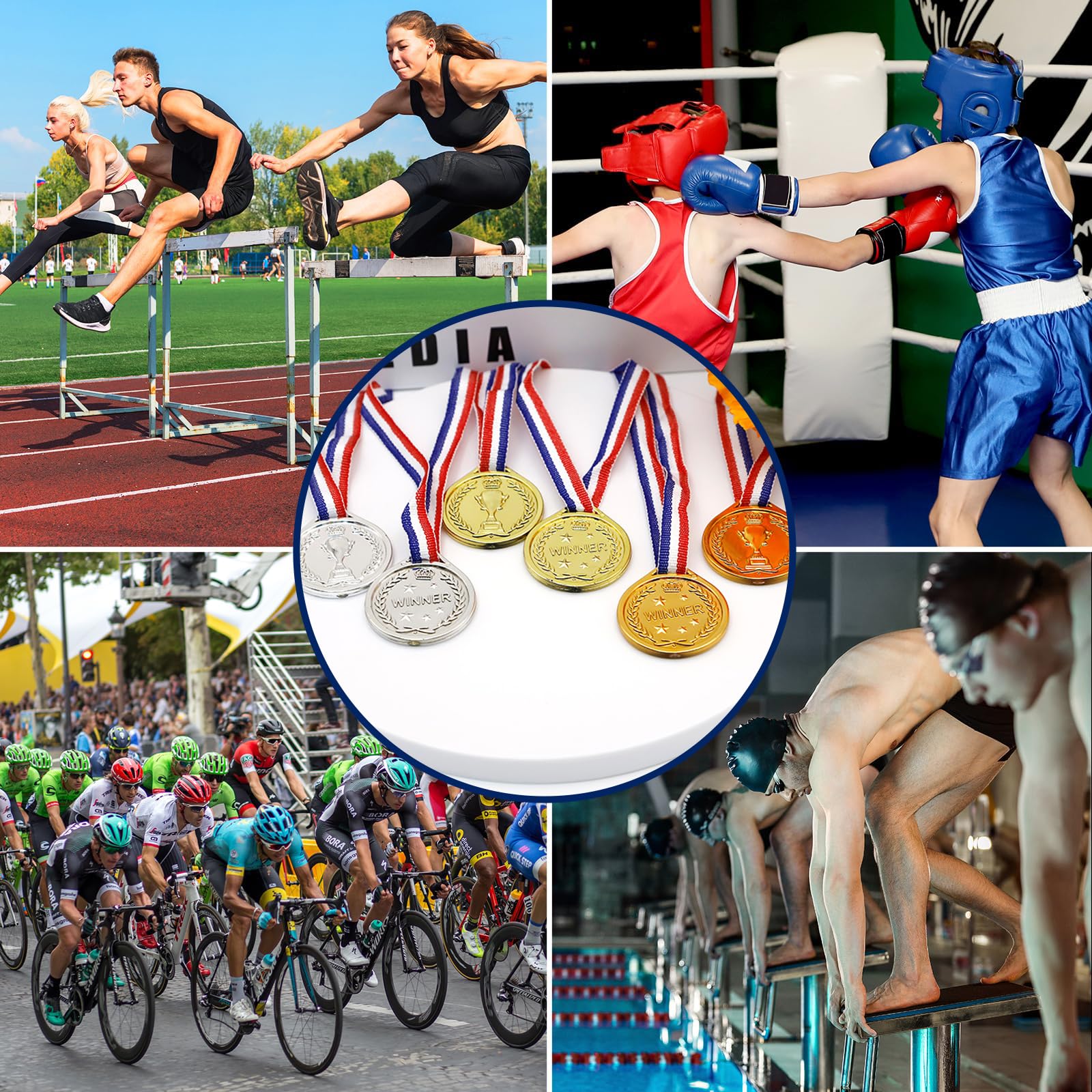 30 medali olimpijskich, nagrody na dzień sportowy, złoty medal z taśmą na szyję, plastikowy medalik do sportu, zawodów, imprez, w stylu olimpijskim, złotym, srebrnym, brązowym